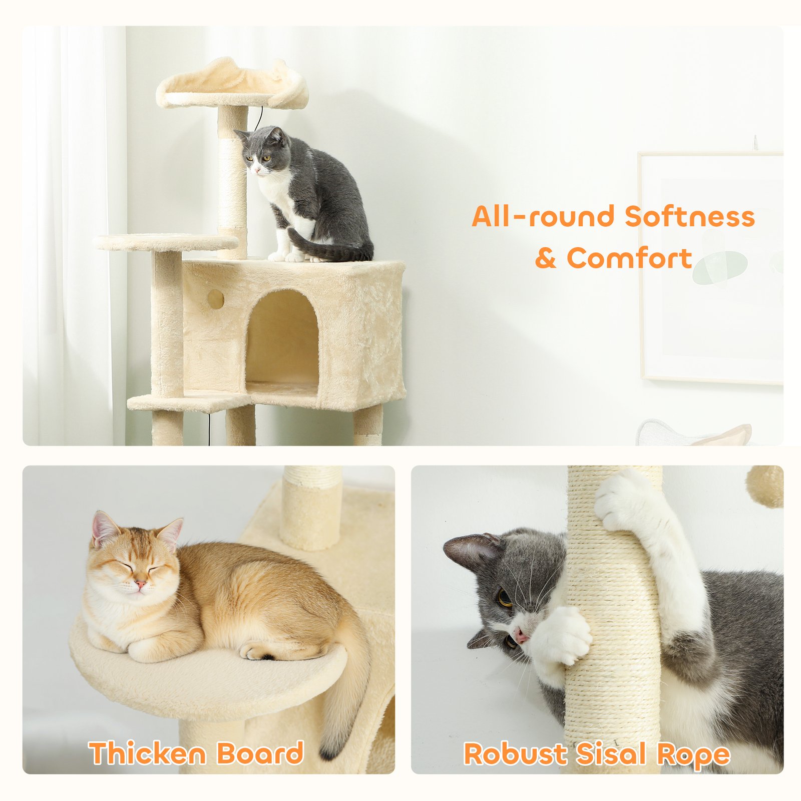 140cm Large Cat Tree Tower with Sisal Scratching Posts, Plush Perches, Hammock, Beige