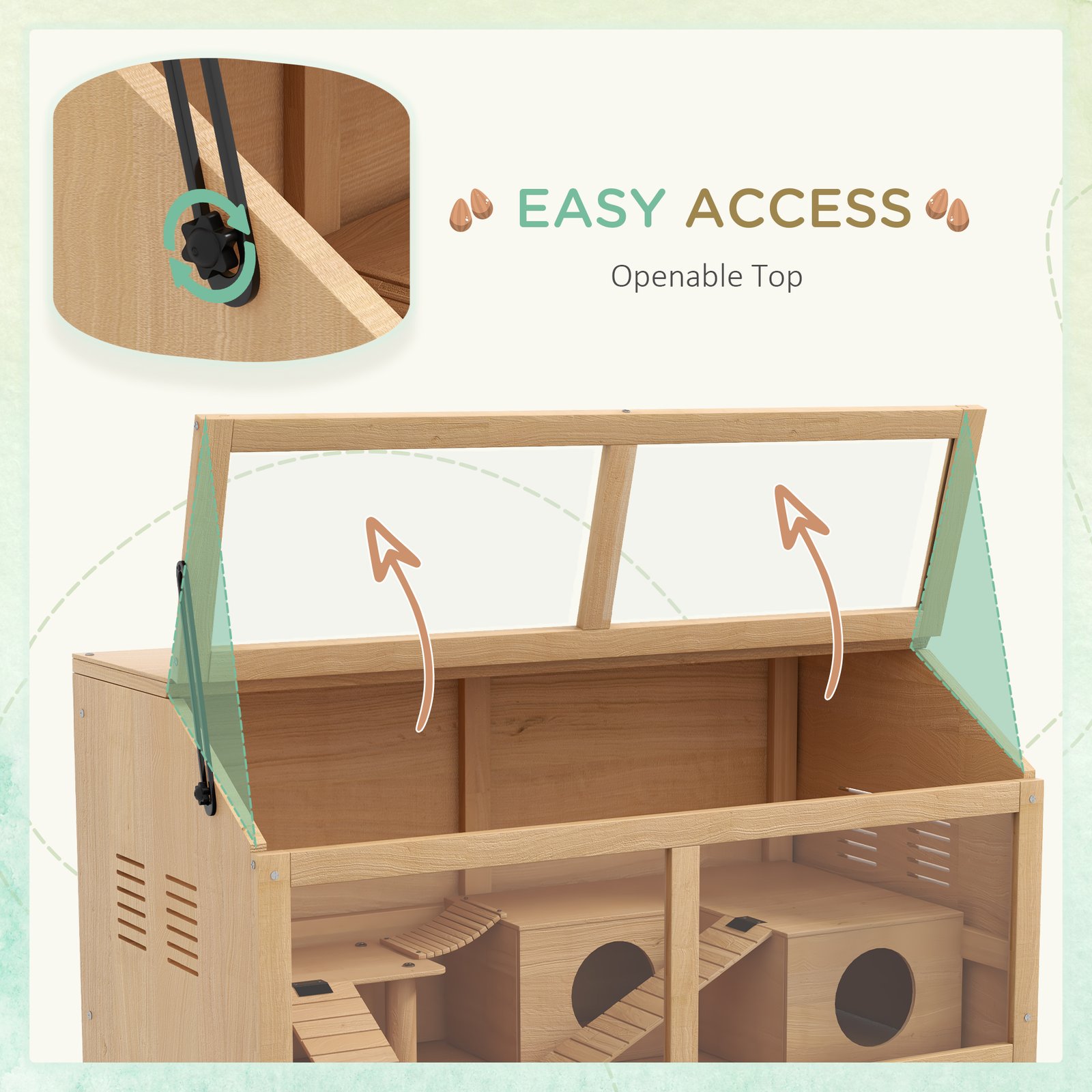 Hamster Cage, Wooden Small Animal Cage for Gerbils, Mice w/ Suspension Bridge, Openable Top, Hut, 85 x 45 x 44cm Nature - Image 5