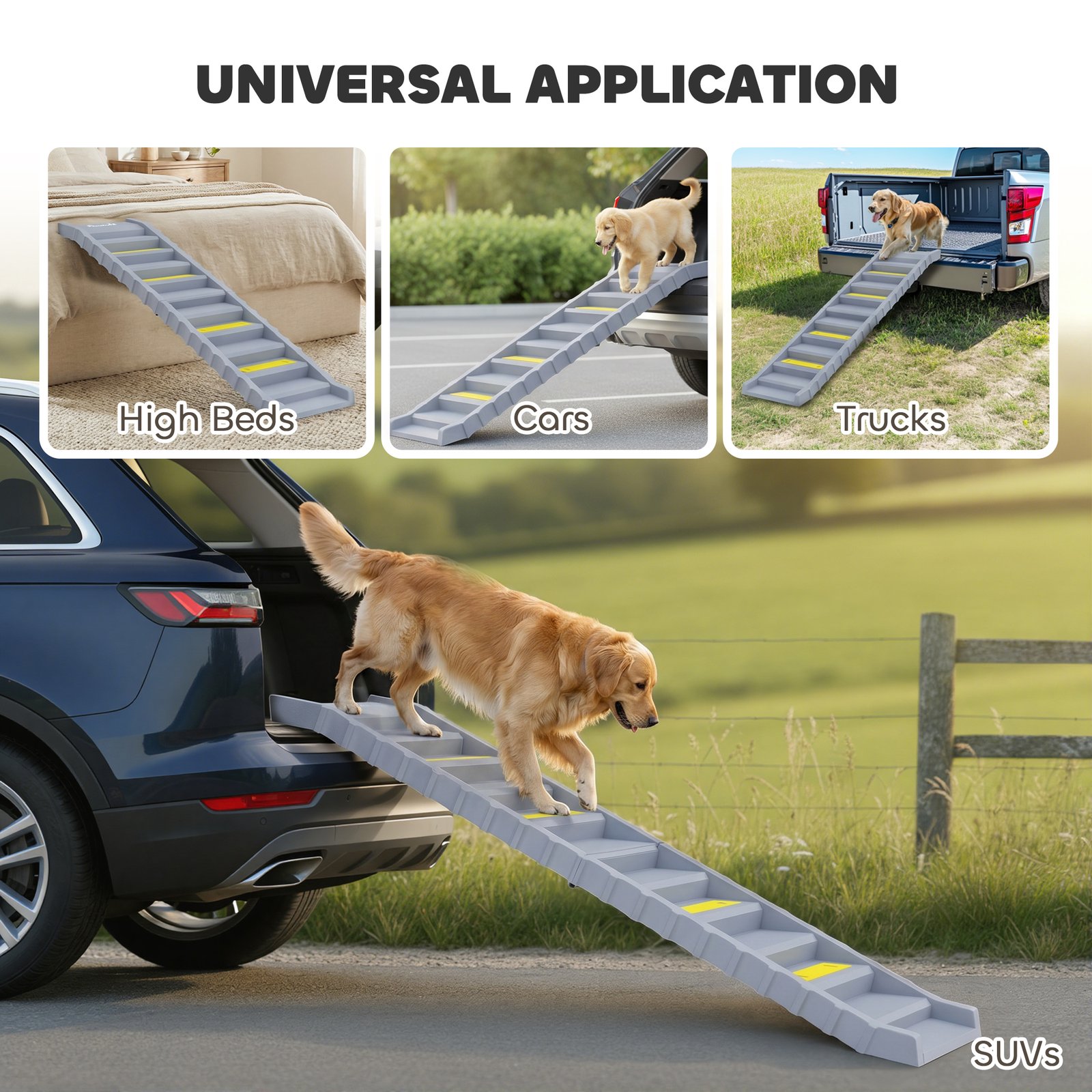 Dog Car Ramp with Anti-Slip Steps, 10-Steps Pet Stairs for Pets to Access Cars and High Beds, Grey