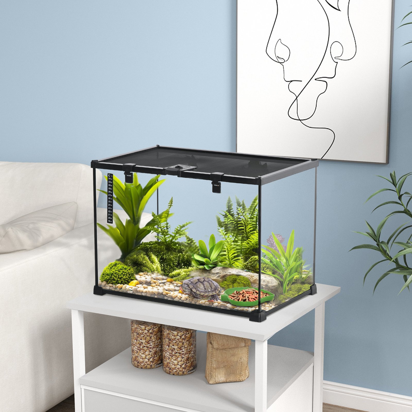 Glass Reptile Terrarium Insect Breeding Tank Vivarium Habitats with Thermometer for Lizards, Horned Frogs, Snakes, Spiders - Large 50 x 30 x 35cm