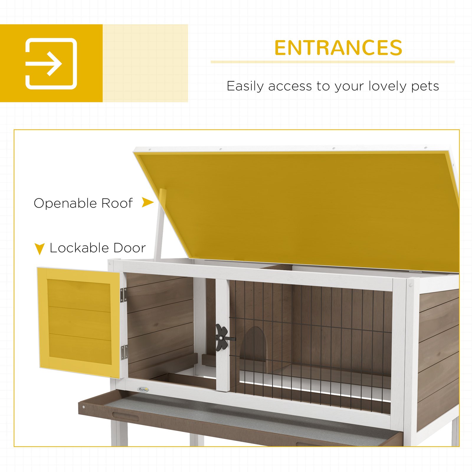 Wooden Guinea Pig Hutch, Small Animal Cage with Slide-out Tray, Openable Asphalt Roof, 84 x 43 x 70cm, Brown - Image 5