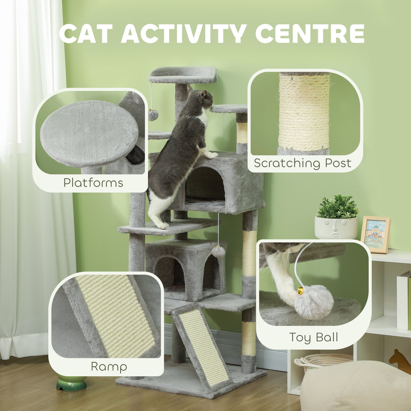 138cm Cat Tree, Multi-Level Cat Tower with Scratching Posts and Pad, Bed, Condos, Platforms, Toy Balls, Light Grey