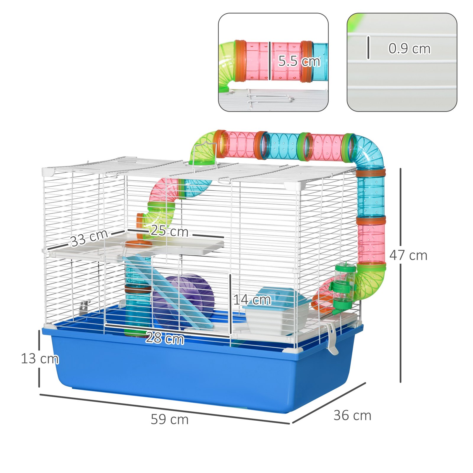 Hamster Cage, Gerbil Cage 3 Tier for Dwarf Hamster with Tube, Exercise Wheel, Water Bottle, Food Dish 59 x 36 x 47 cm- Blue - Image 3
