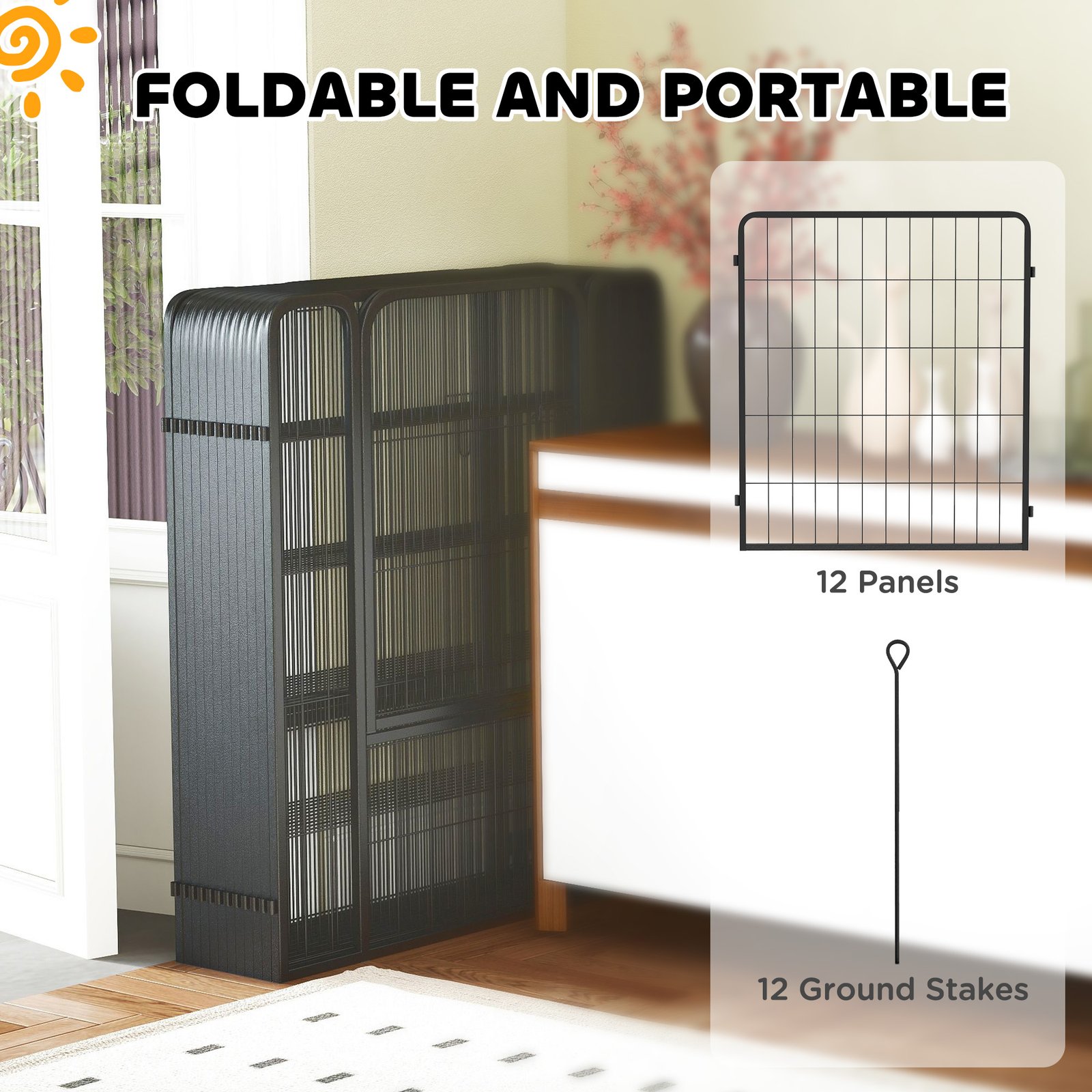 12-Panel Solid Dog Playpen with Doors, for Medium Dogs, 80cm High, Black - Image 6