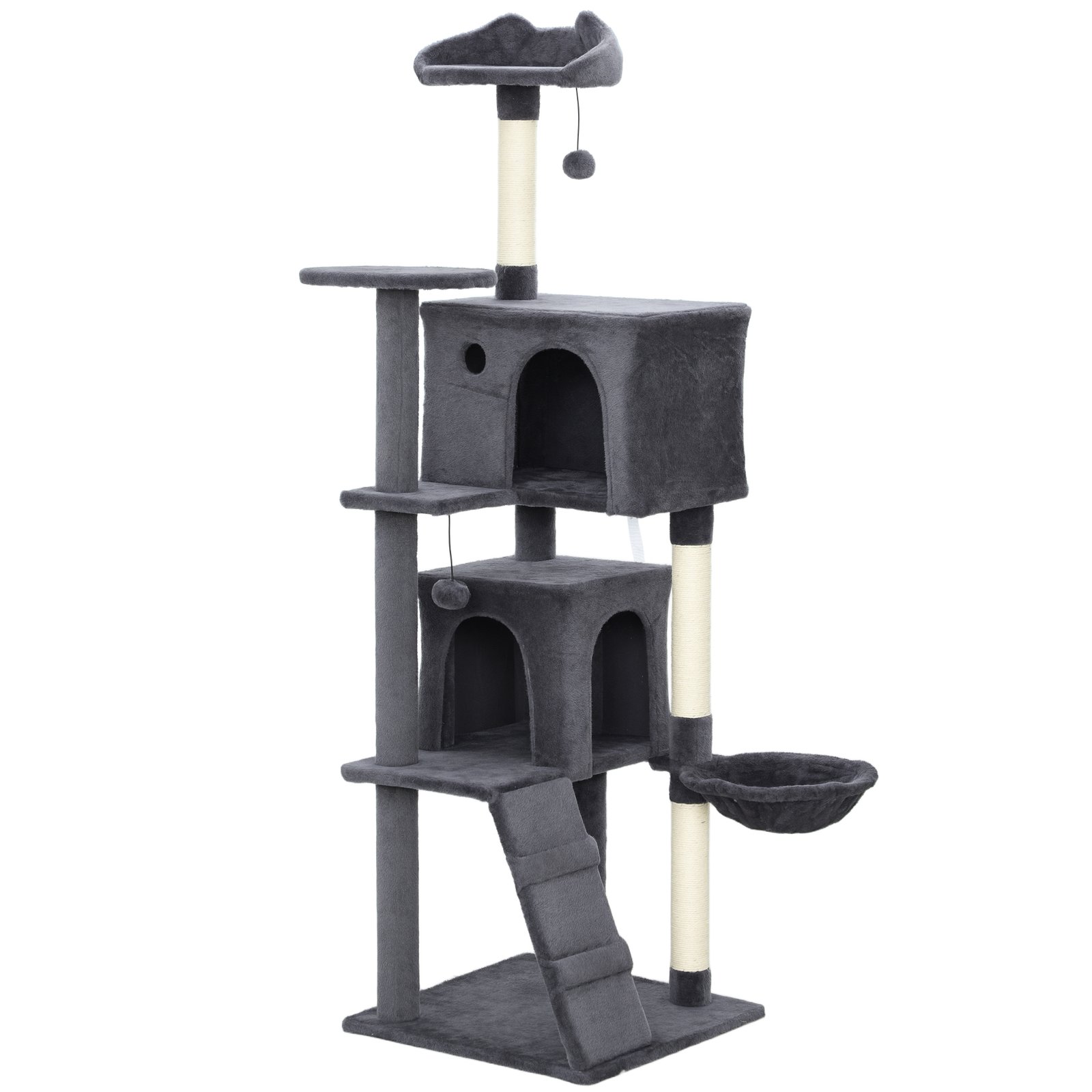 160cm Large Cat Tree Tower with Sisal Scratching Posts, Condos, Plush Perches, Hammock, Ladder, Dark Grey