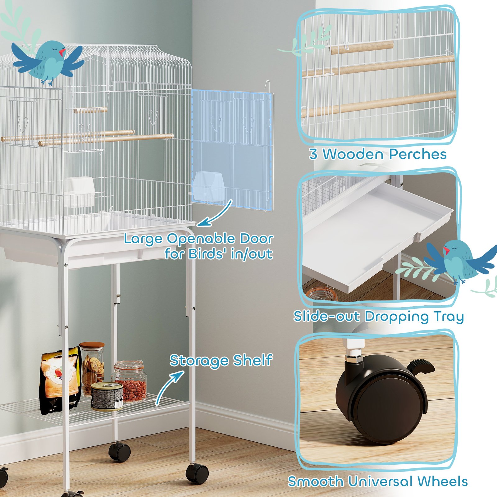 Bird Cage Budgie Cages for Finch Canary Parakeet with Stand Wheels Slide-out Tray Accessories Storage Shelf, White