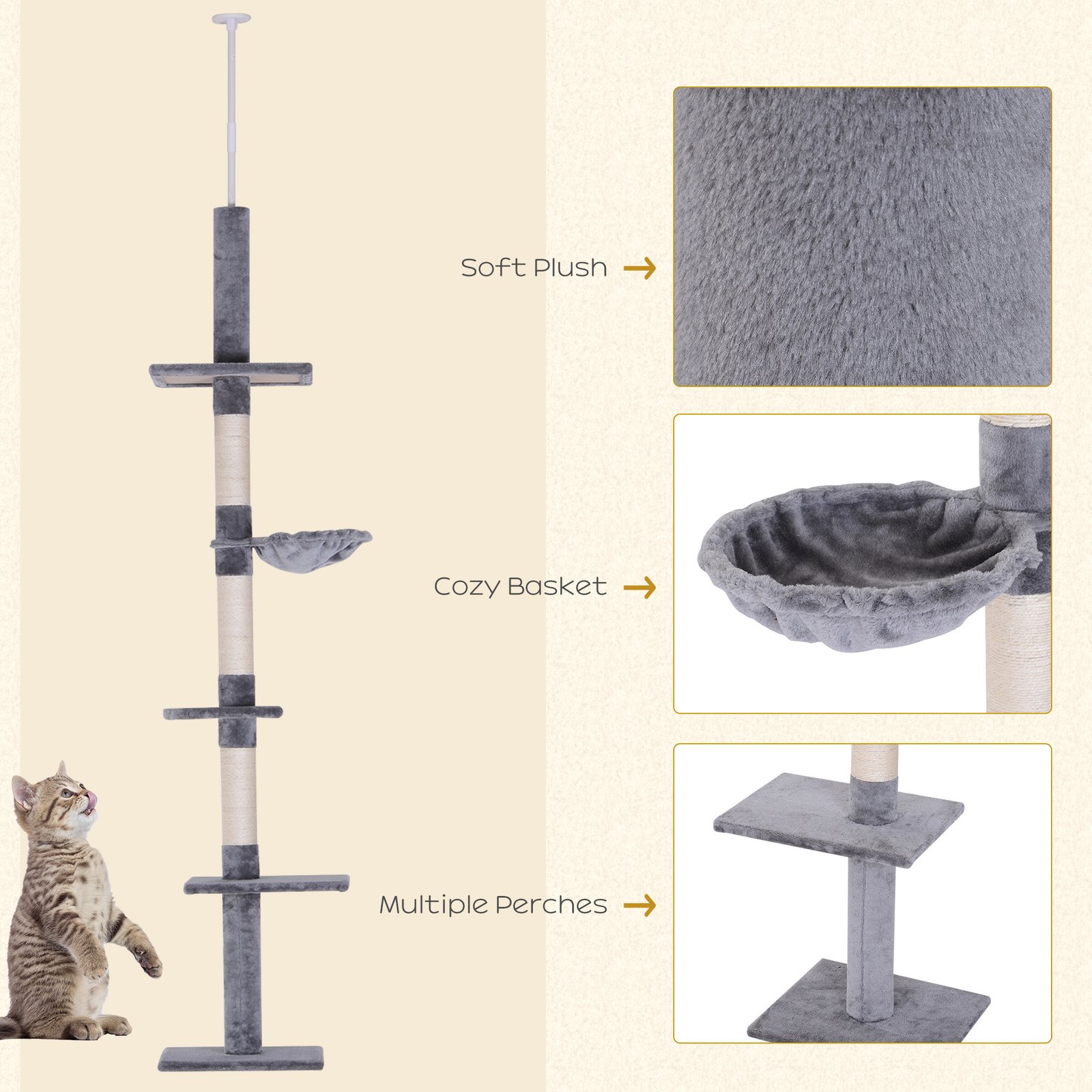 Floor to Ceiling Cat Tree 230-260cm Height Adjustable, 5-Tier Cat Tower with Scratching Posts, Hammock, Perches, Climbing Activity Centre for Indoor Kittens Playing and Relaxing, Grey