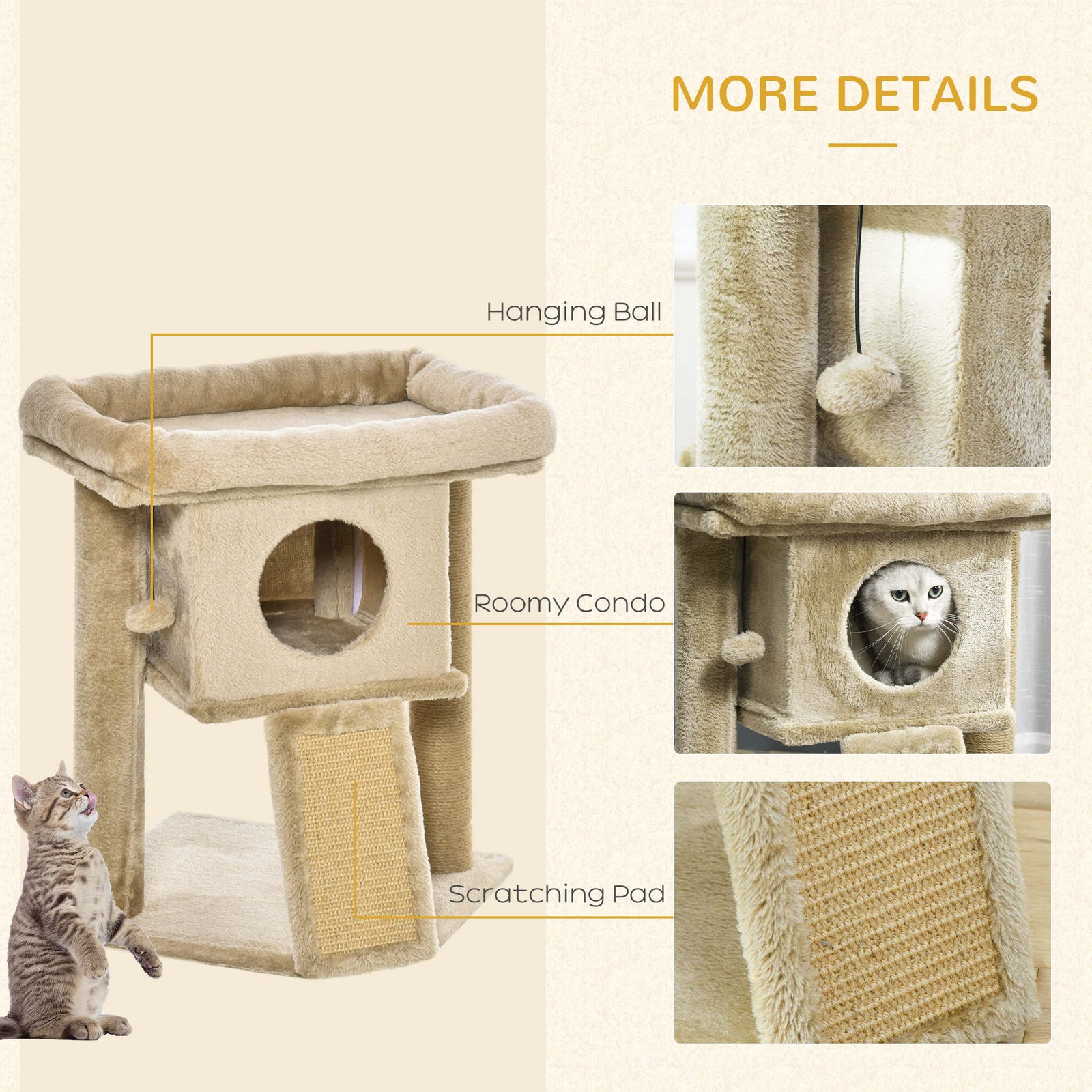 Cat Tree Tower for Indoor Cats Cat Scratching Post Climbing Activity Centre w/Jute Scratching Pad, Toy Ball, Cat House - Coffee