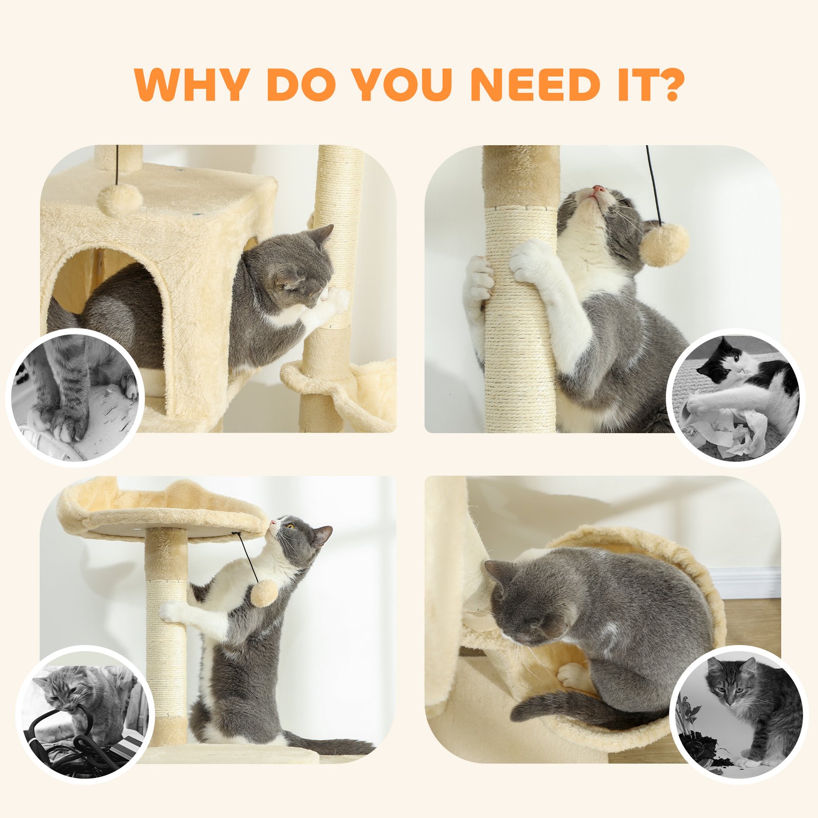 180cm Large Cat Tree Tower with Sisal Scratching Posts, Condos, Plush Perches, Hammock, Ladder, Beige