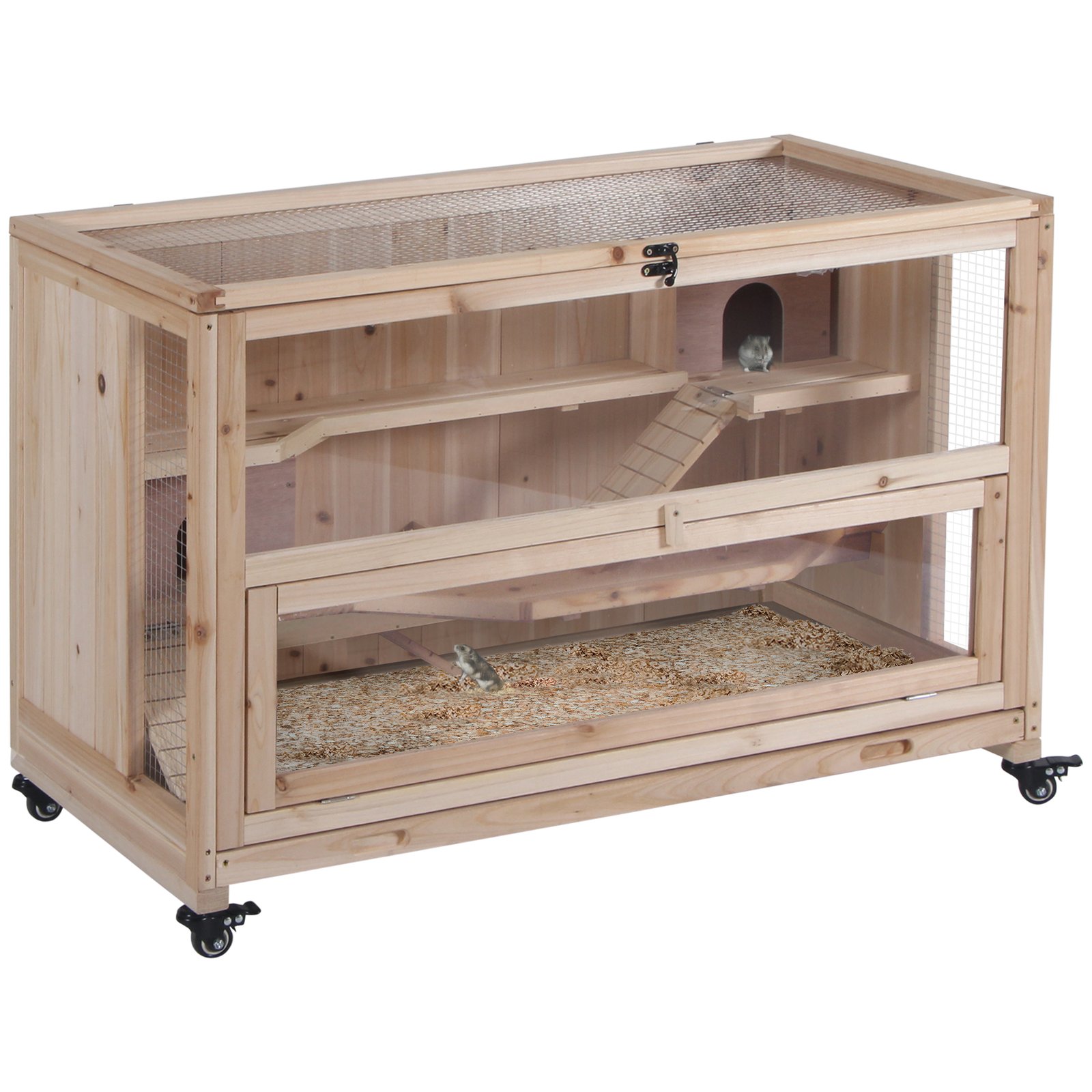Wooden Hamster Cage, Mice Rodent Small Animals Kit Hutch, 3 Tiers Exercise Play Enclosure, with Wheels, Bottom Tray, 99 x 50 x 69 cm, Natural Wood