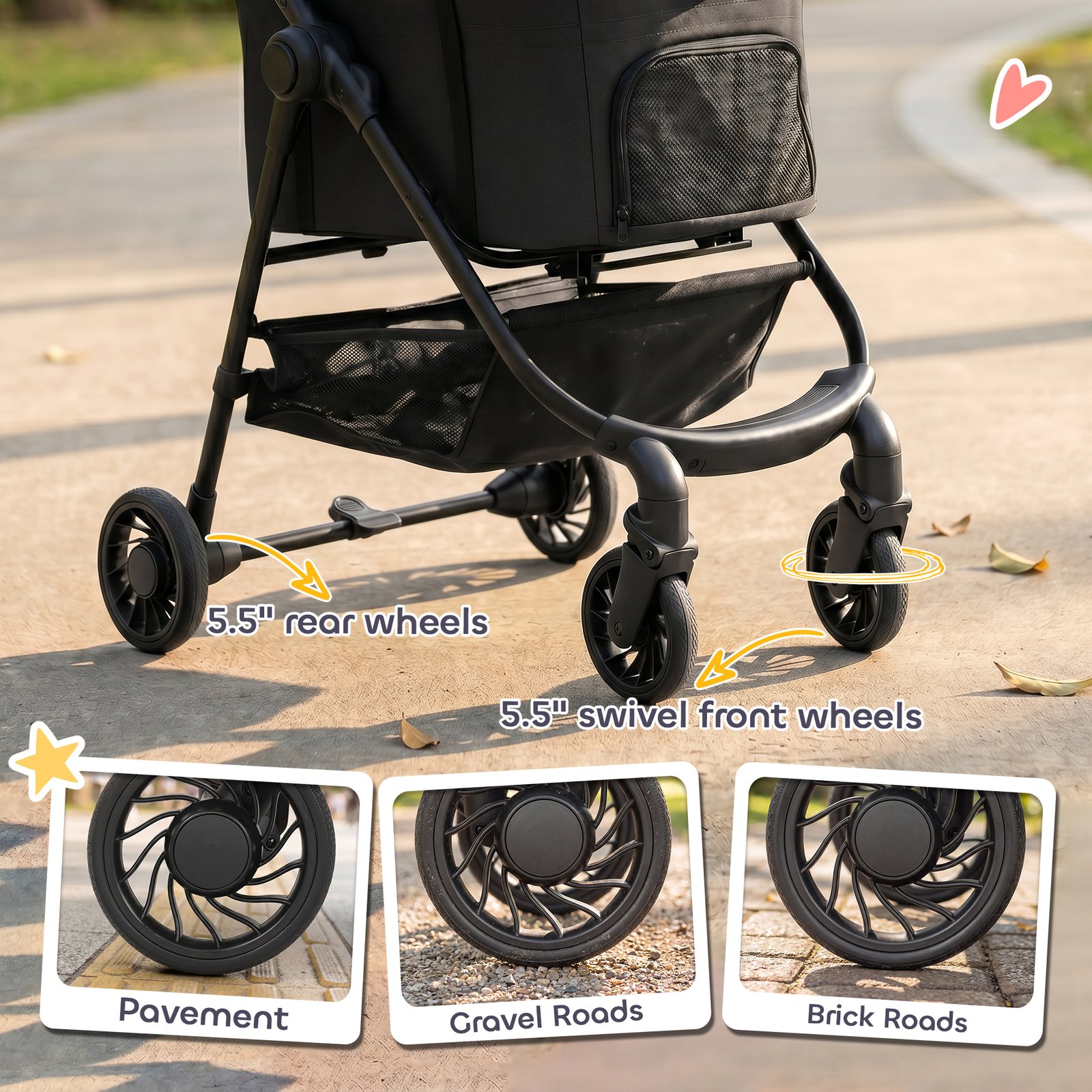 Dog Stroller, 3 in 1 Foldable Pet Stroller for Small Puppy Cat with Detachable Travel Carrier, Storage Basket, Black - Image 8