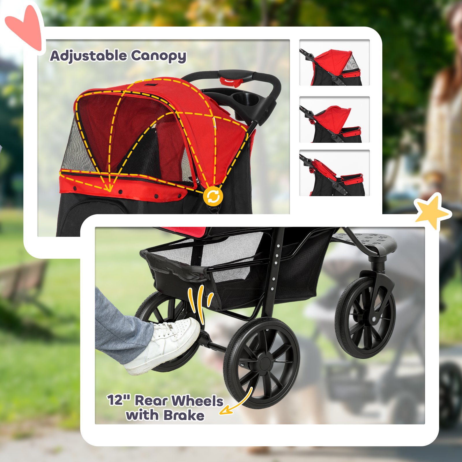 Dog Stroller Foldable Pet Pram for Small Miniature Breeds, Cats, 3 Wheels Dog Pushchair with Brake, Cupholder, Red - Image 8