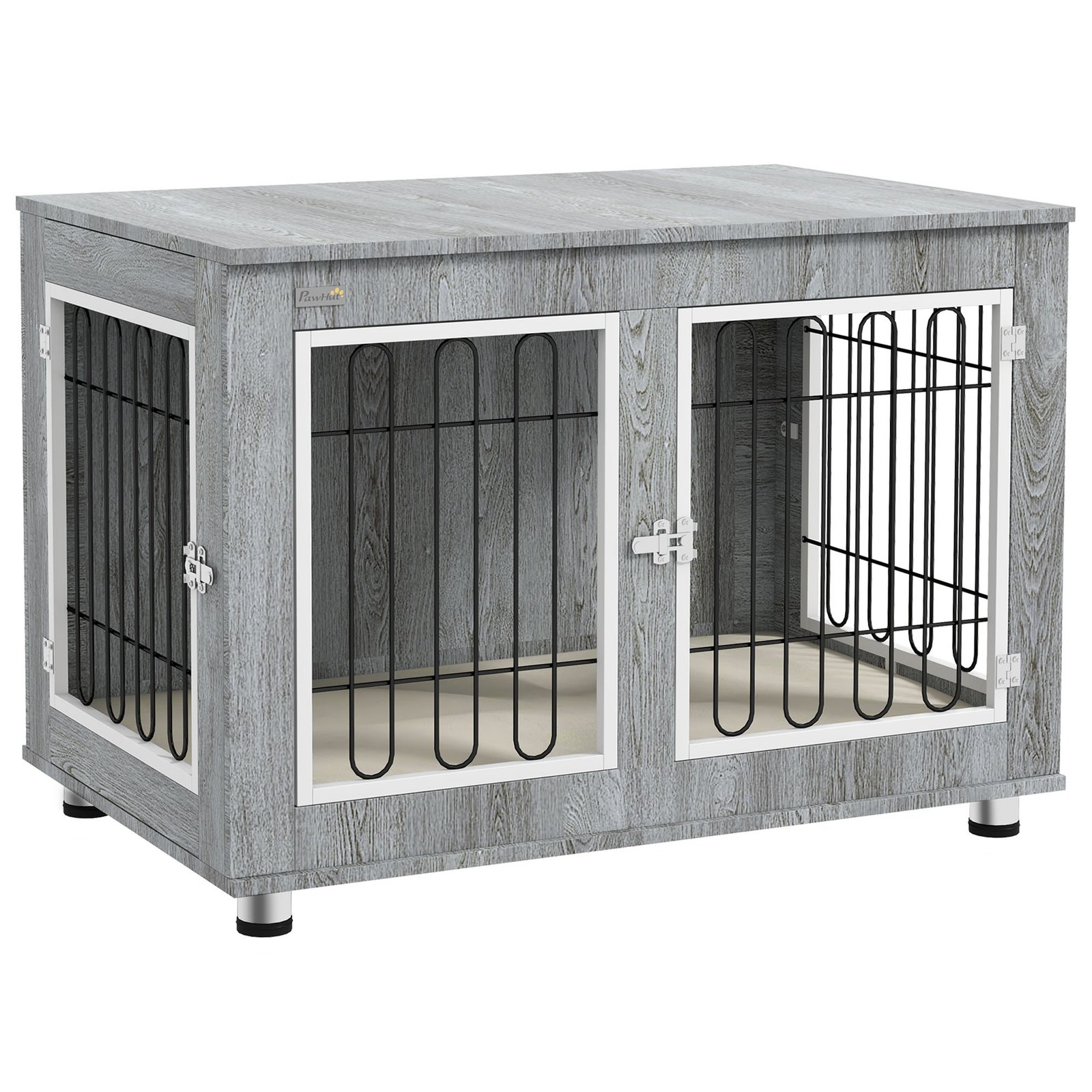 Dog Crate Furniture End Table, with Washable Cushion, Double Doors, for Medium/Large Dogs, Grey