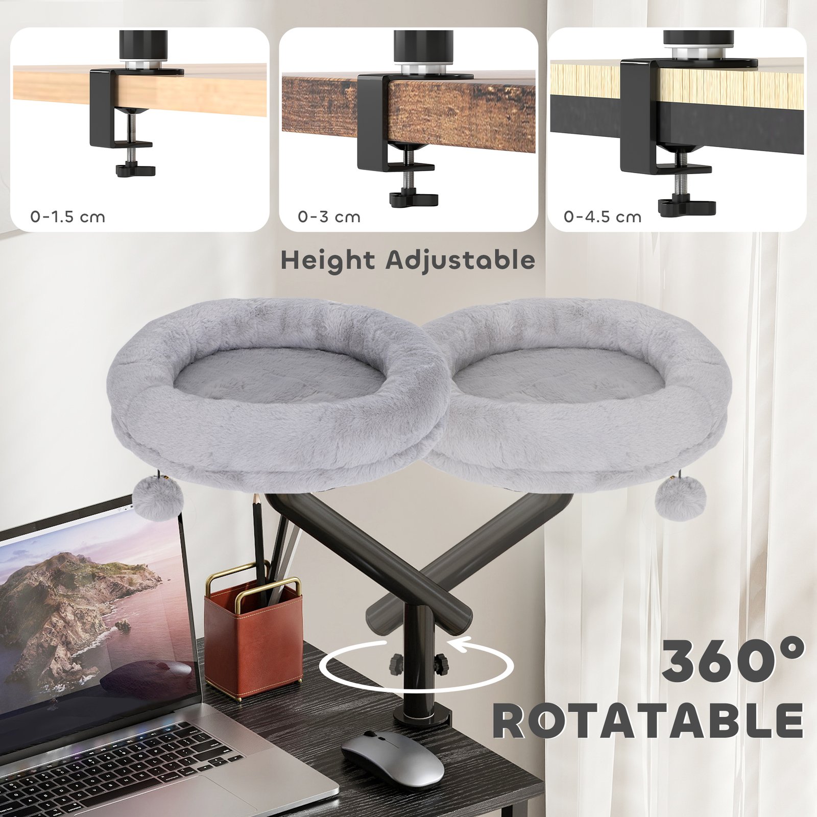 Cat Desk Bed, Cat Hammock 360° Rotatable Adjustable for Window, Table, Work, Grey