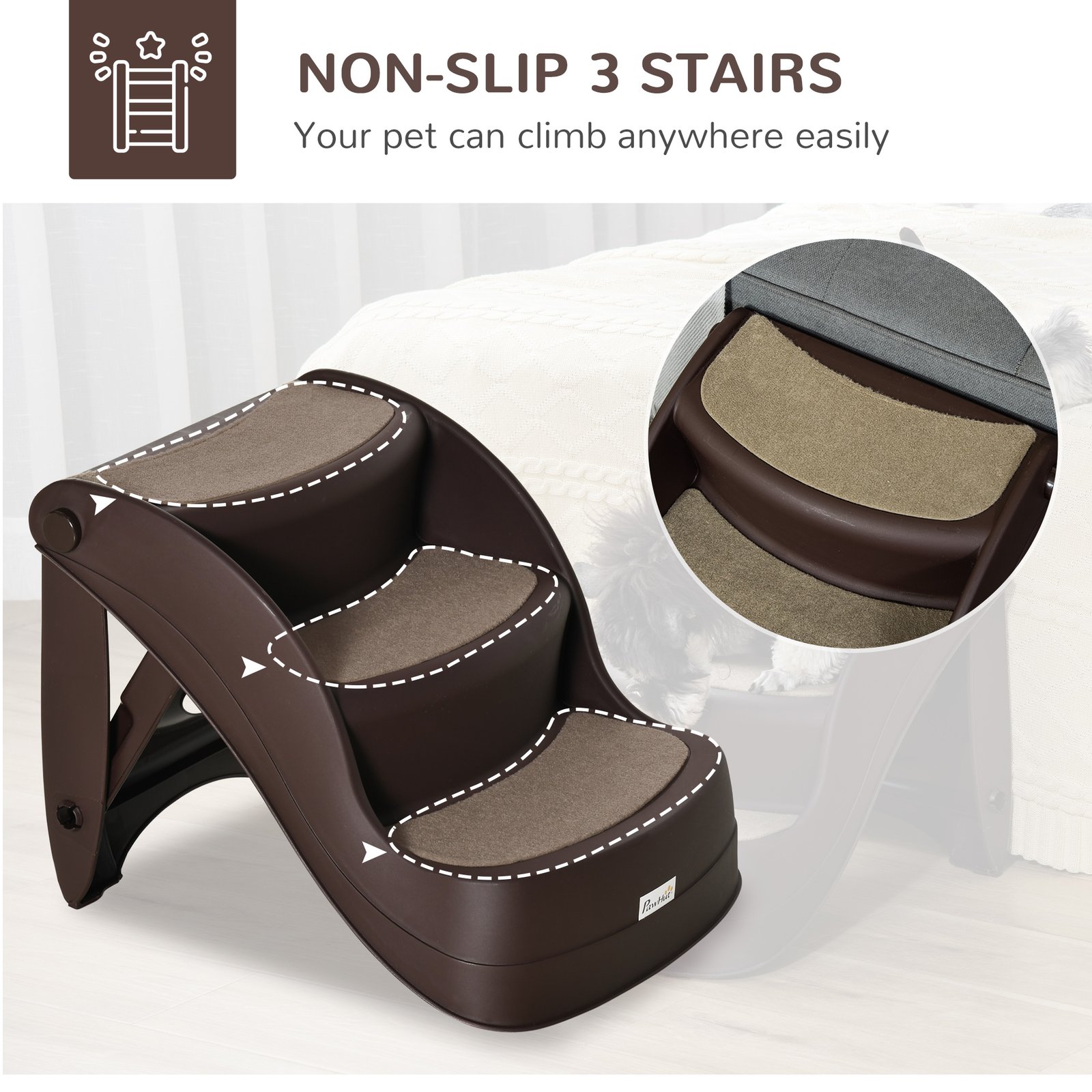 Foldable Dog Steps for Bed Sofa, Portable Dog Stairs 3-Step for High Bed, Pet Stairs with Non-slip Mats for Small and Miniature Breeds, 49 x 38 x 38 cm, Brown