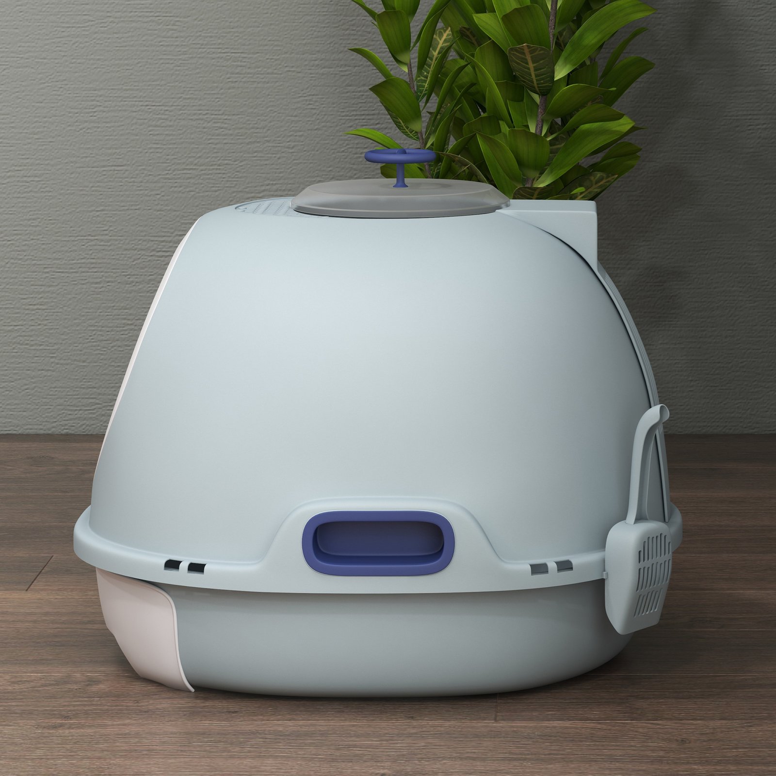 Cat Litter Box Toilet with Litter Scoop Enclosed Drawer, Front Entry Top Exit, Easy To Clean Blue