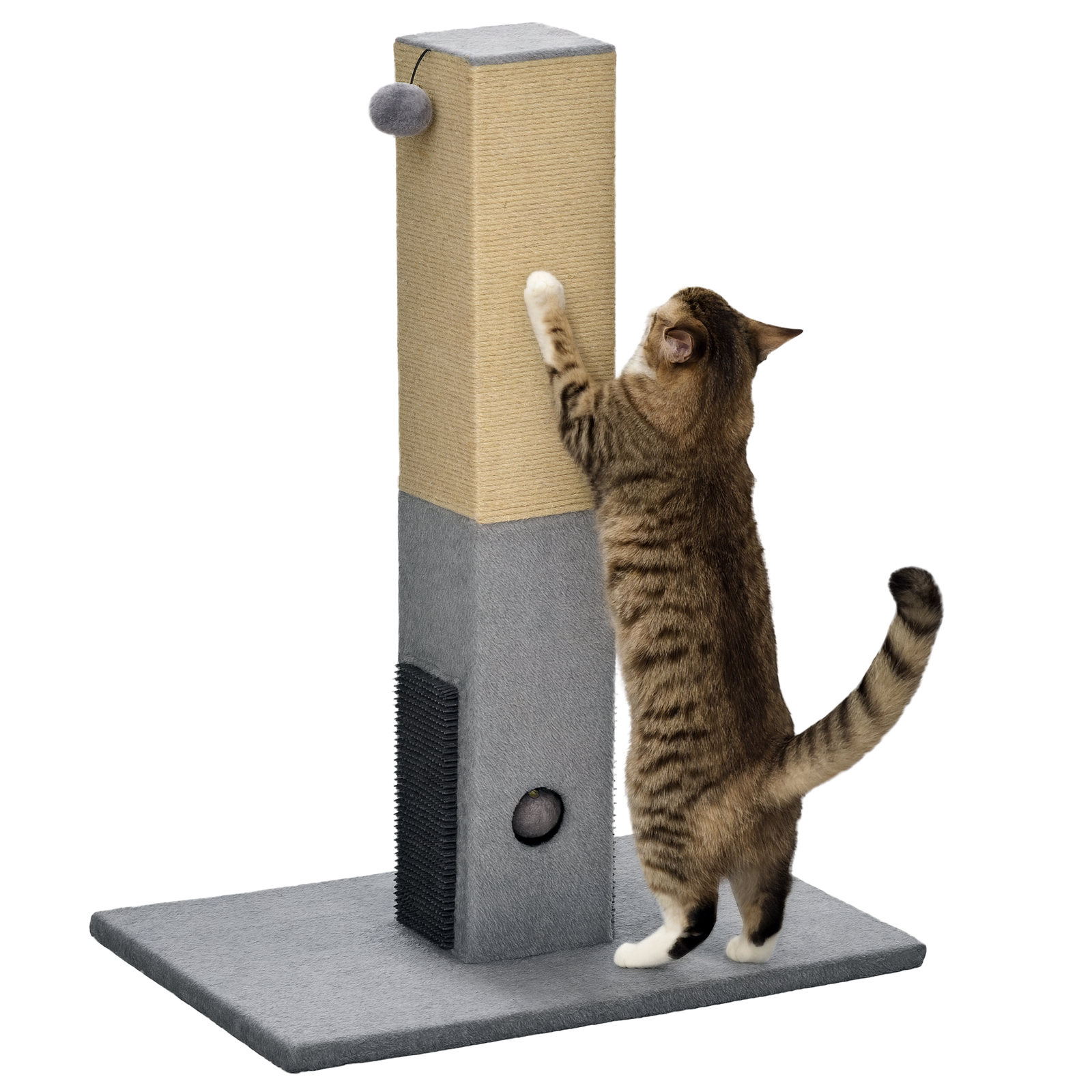 Cat Tree Scratching Post for Indoor Cats 79cm Jute Scratcher Climber w/ Carpet Base Dangling Toy Self Grooming Brush – Grey