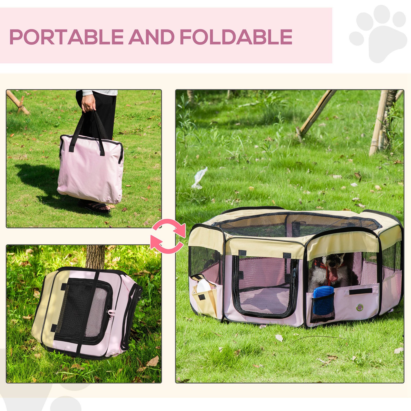 600D Oxford Soft Fabric Kennel, Pet Whelping Box Lightweight Dog Cat Puppy Playpen Rabbit Guinea Pig Foldable Portable Play Pen in Pink With Carry Bag Small Dia 90 x 41Hcm - Image 6