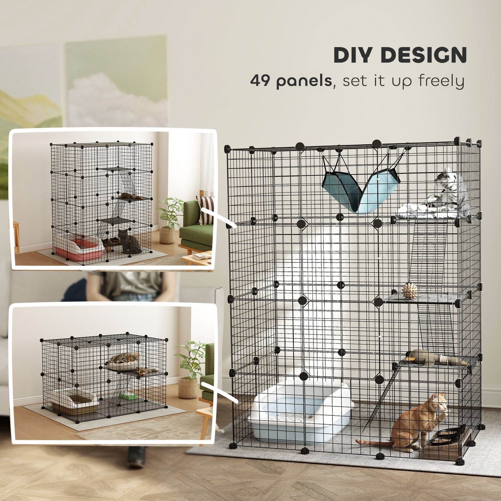 Four-Tier DIY Large Cat Cage with Hammock, Ramps, Five Doors, Indoor Use for 1-3 Cats, Black