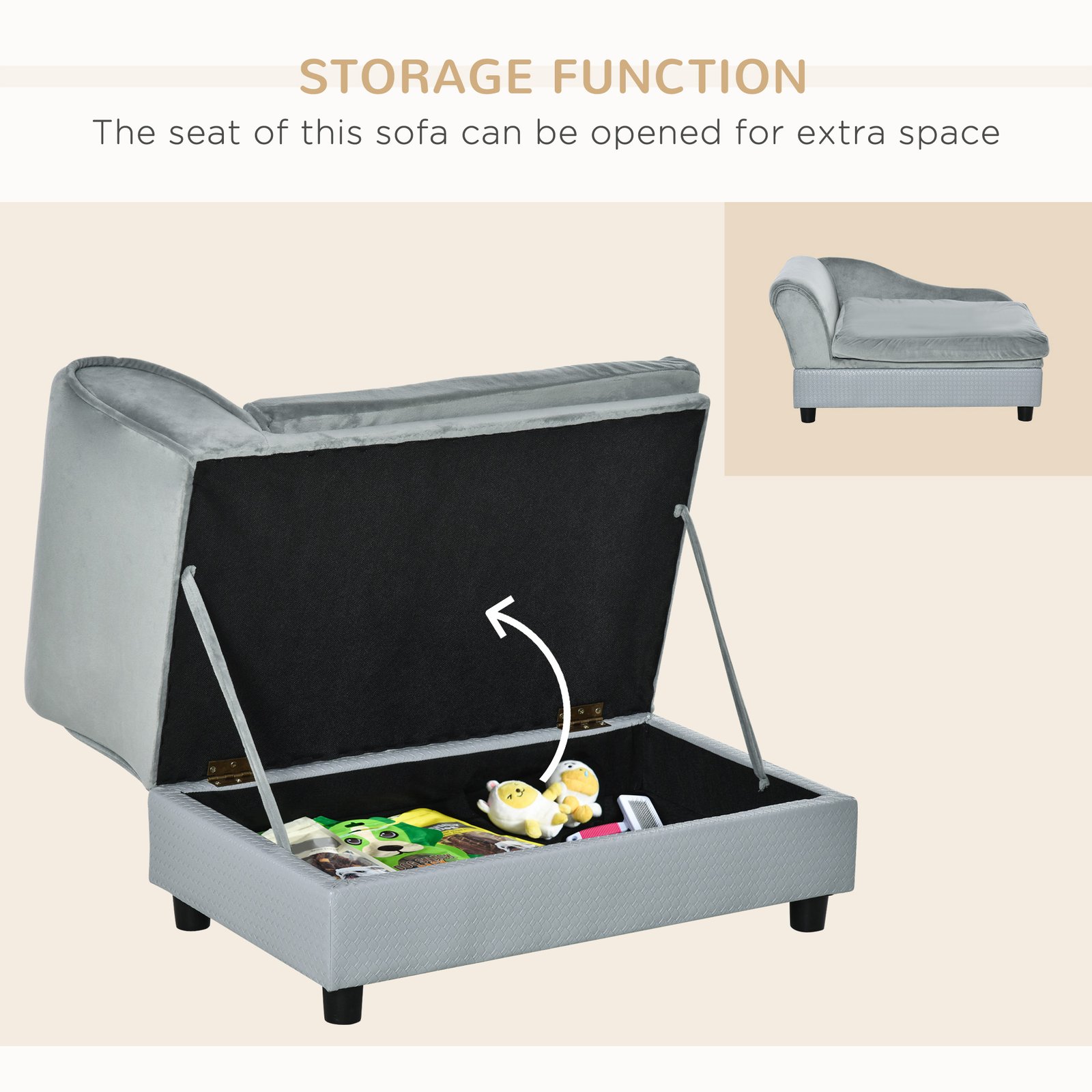 Pet Sofa Chair, with Storage, Cushion, for Small Dogs, Cats - Light Grey - Image 5