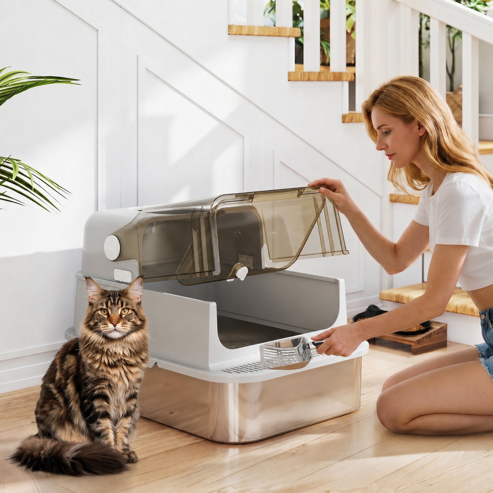 XXL Stainless Steel Cat Litter Tray, Enclosed Cat Litter Box with 90° Flip Cover, Double Doors, Scoop, Easy Clean, Grey