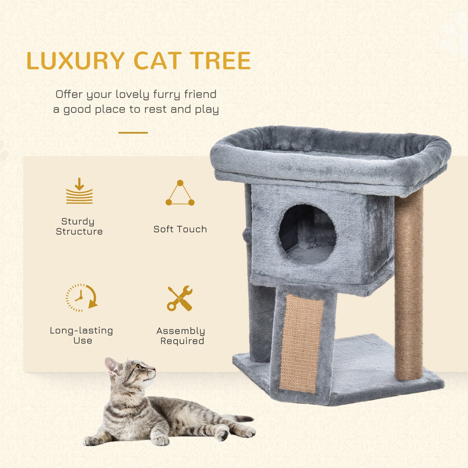 Cat Tree Tower for Indoor Cats Cat Scratching Post Climbing Activity Centre w/Jute Scratching Pad, Toy Ball, Cat House - Grey - Image 4