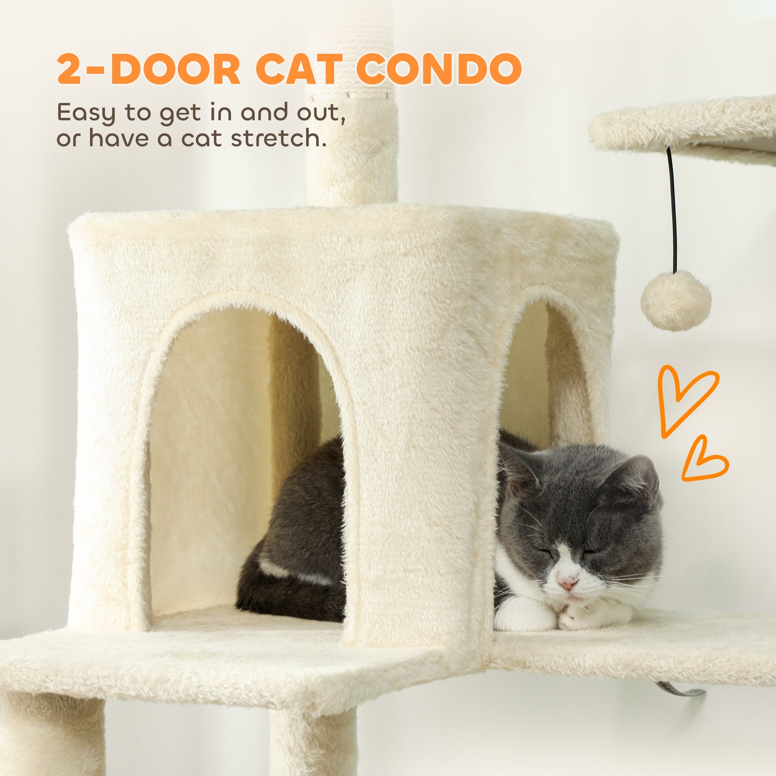 202cm Cat Tree with 6 Scratching Posts, 2 Hammocks, 2 Condos, 2 Perches, Pompoms, for Cats to Rest and Play, Beige - Image 5