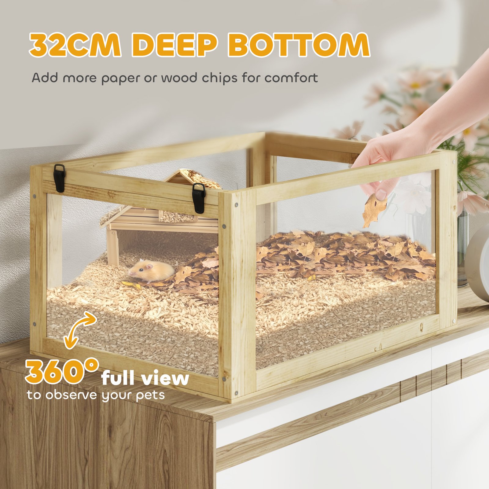 Wooden Hamster Cage with Detachable 32cm Deep Bottom, Hut, Seesaw, Exercise Wheel, Ramp, 60 x 40 x 75cm, Natural
