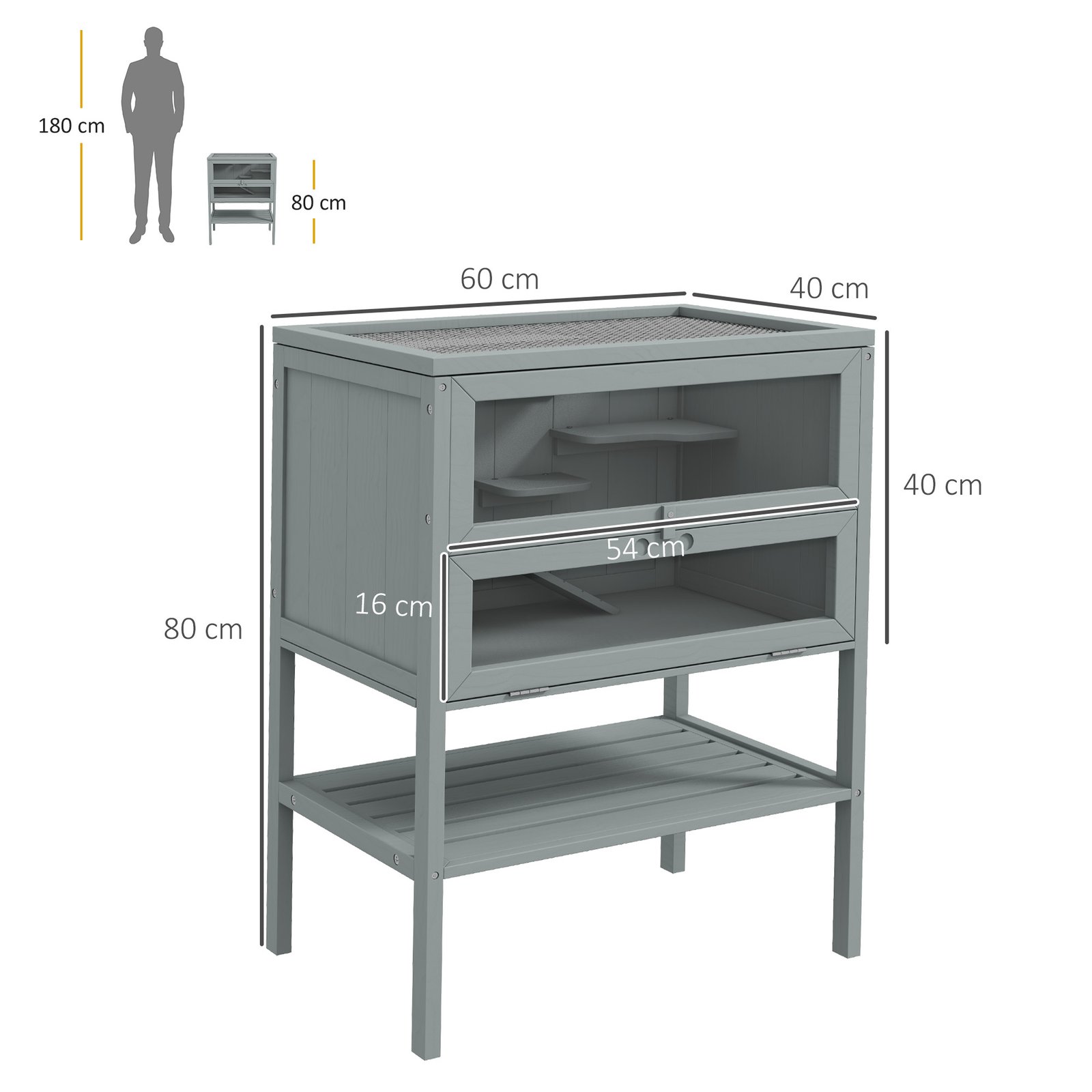 Wooden Hamster Cage 3 Tier House w/ Storage Shelf, Openable Top for Gerbils, Grey - Image 3