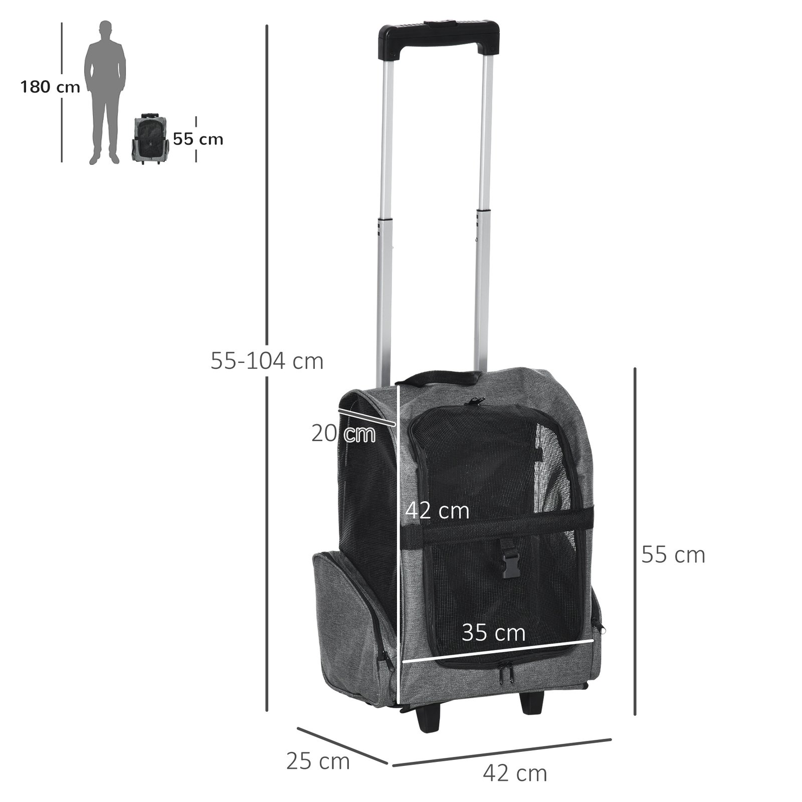 2 in 1 Dog Backpack and Trolley, Pet Travel Backpack Cat Dog Carrier with Telescopic Handle, Portable Pet Stroller Wheel Luggage Bag (Grey)