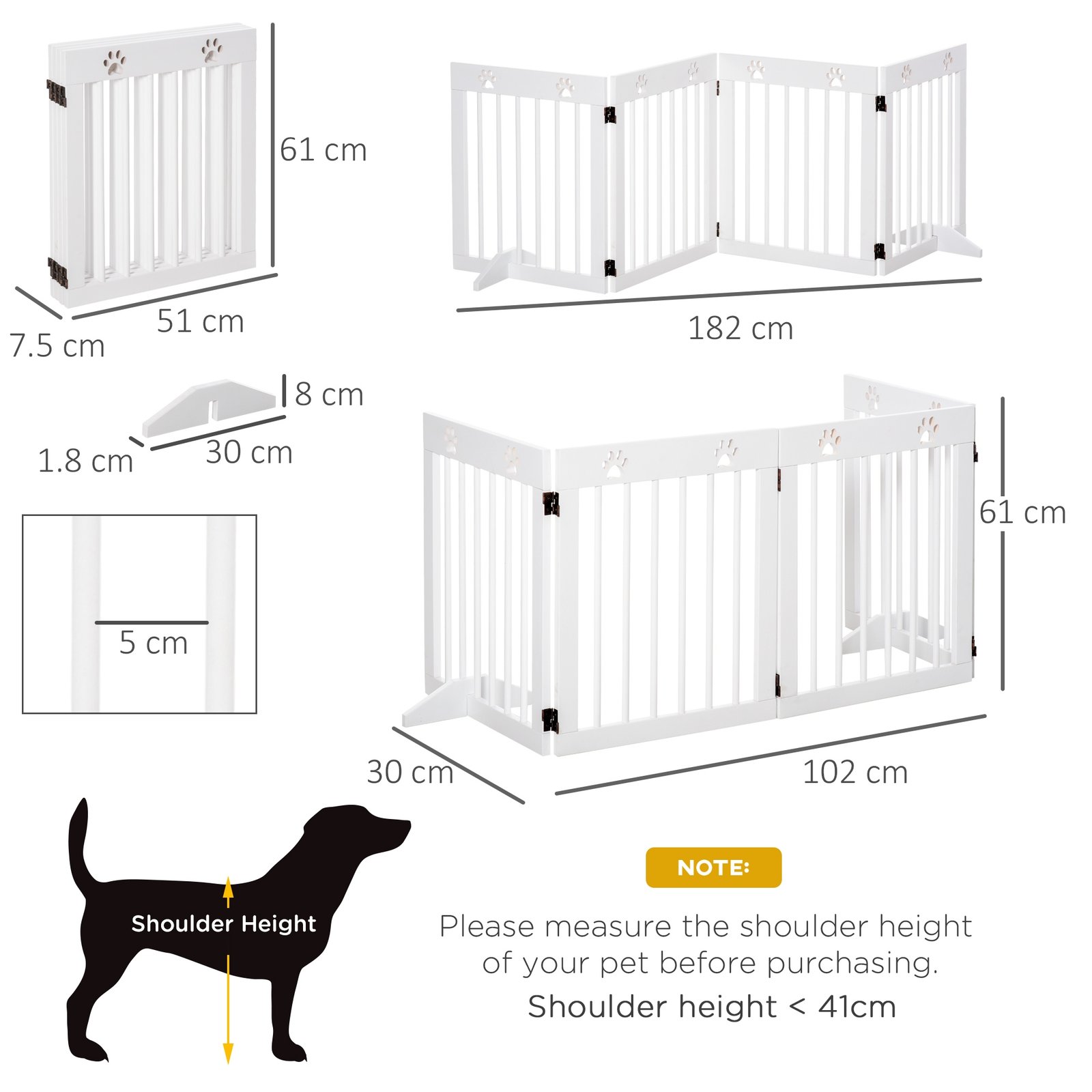 Freestanding Pet Gate 4 Panel Wooden Dog Barrier Folding Safety Fence with Support Feet up to 204cm Long 61cm Tall for Doorway Stairs White
