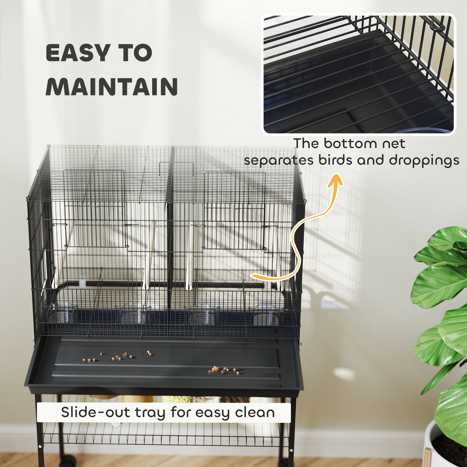 Bird Cage with Divider, 4 Wooden Perches, Slide Out Tray, 4 Feeders, for Budgie, Lovebird, Canary, 76 x 46 x 116cm Black - Image 7