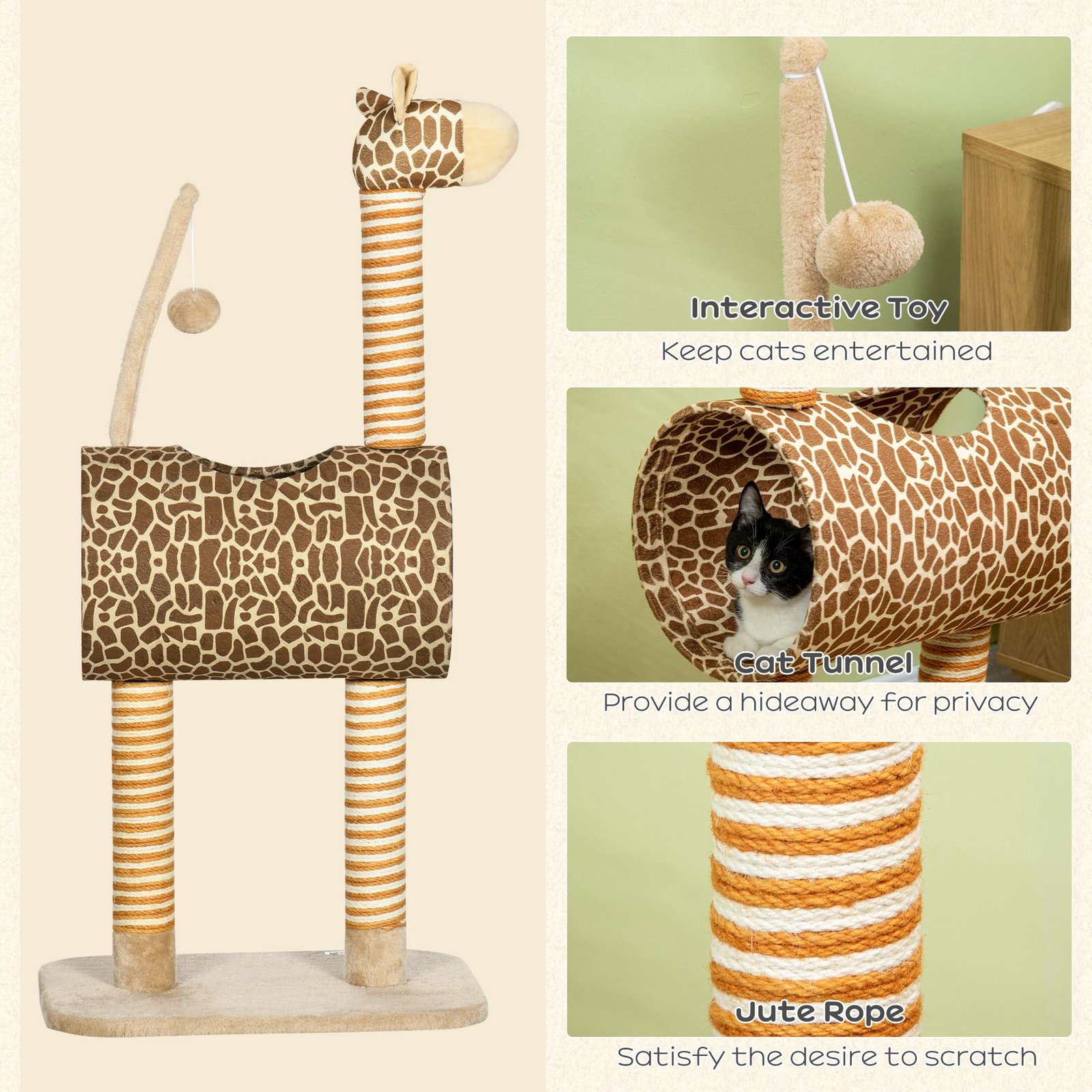Giraffe-Designed Cat Tree, with Scratching Posts, Cat Tunnel, Toy Ball - Beige - Image 5