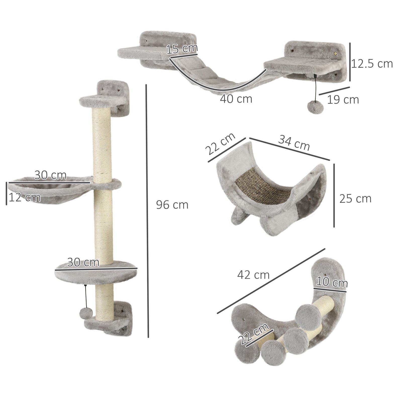 Four-Piece Cat Wall Furniture, with Hammock, Ladder, Platforms, Steps, for Indoor Use - Grey - Image 3