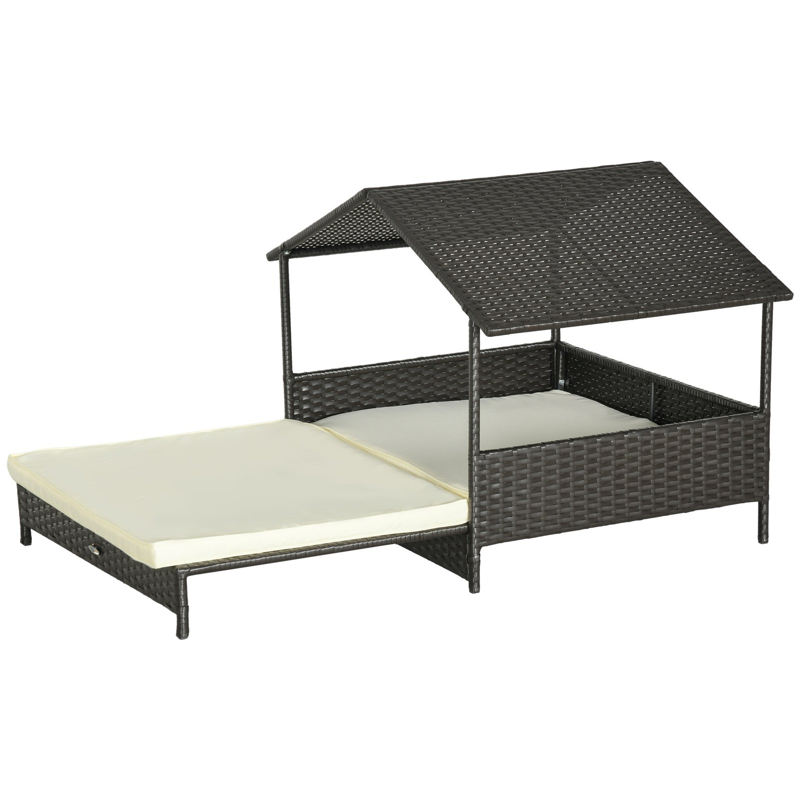 Extendable Elevated Dog Bed, Rattan Dog House, with Water-Resistant Roof, Removable Cushion, Cream