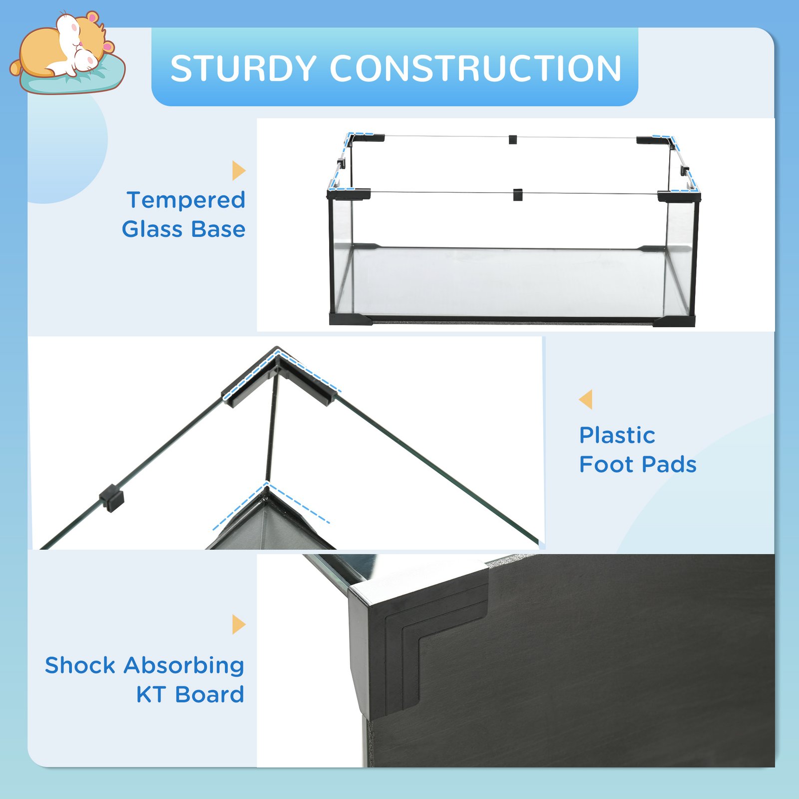 3 Tiers Hamster Cage, Gerbil Cage with Deep Glass Bottom, Non-Slip Ramps, Platforms, Hut, Exercise Wheels, Water Bottle, Dish, for Syrian Hamster, Dwarf Hamster, 60 x 40 x 54.5cm - Image 6