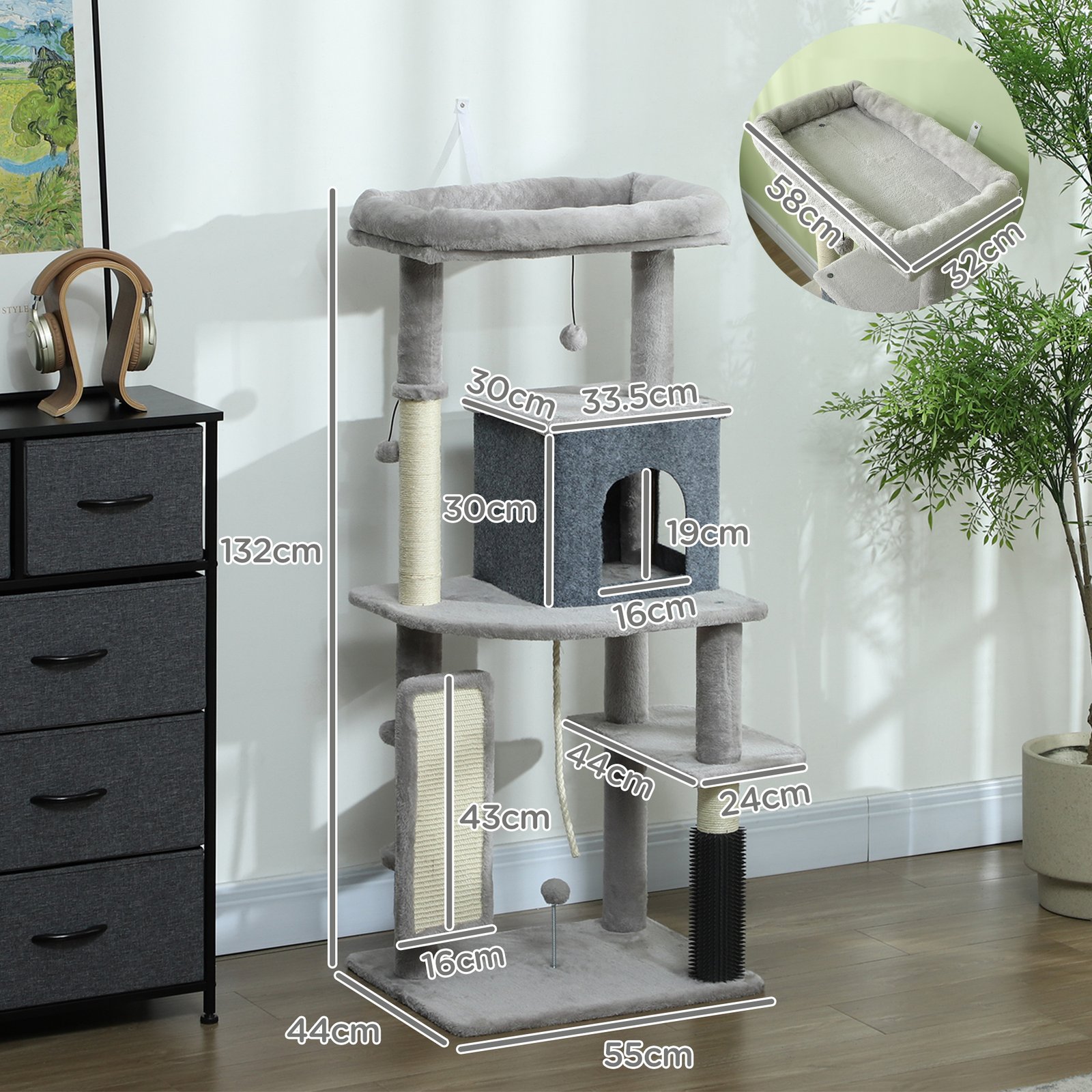 132cm Cat Tree w/ Scratching Posts, Pad, Cat Bed, Cat House, Jumping Platform, Grooming Brush, Anti-Tip Kit, Light Grey - Image 3