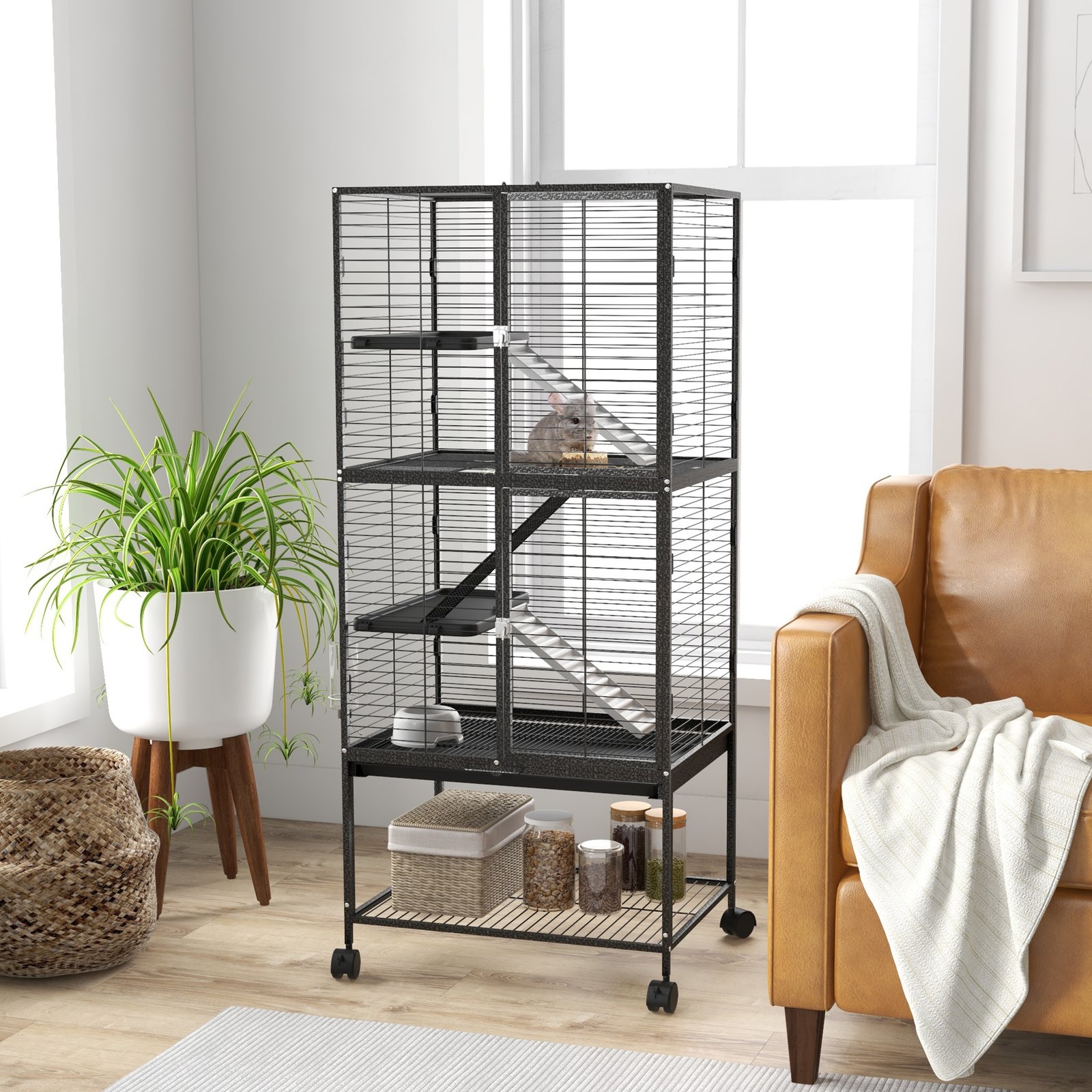 Rolling Chinchilla Cage, Small Animal Cage for Ferrets w/ Three Doors, Storage, Shelf, Tray Tray, Bowl, Water Bottle - Image 9