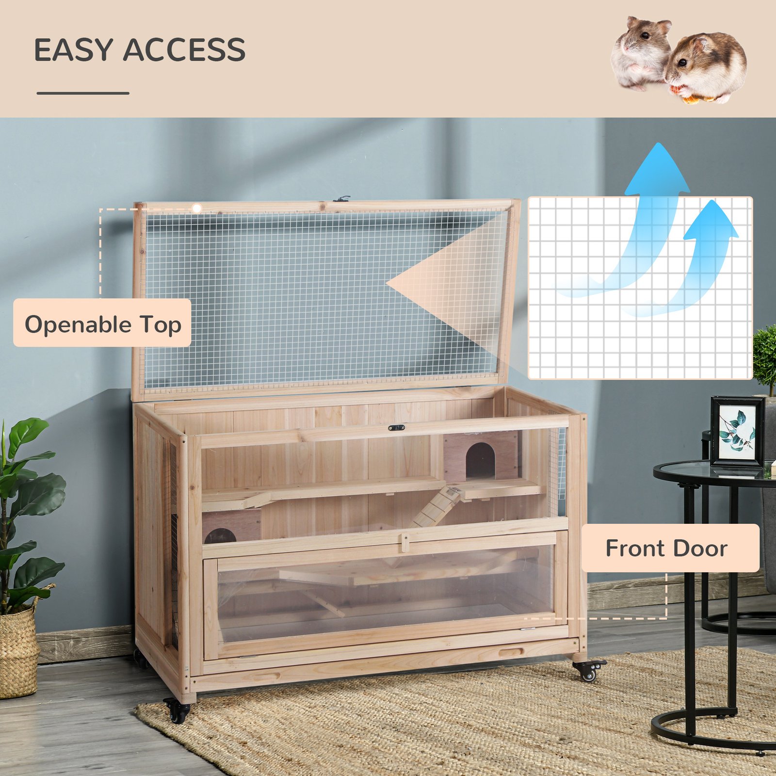 Wooden Hamster Cage, Mice Rodent Small Animals Kit Hutch, 3 Tiers Exercise Play Enclosure, with Wheels, Bottom Tray, 99 x 50 x 69 cm, Natural Wood