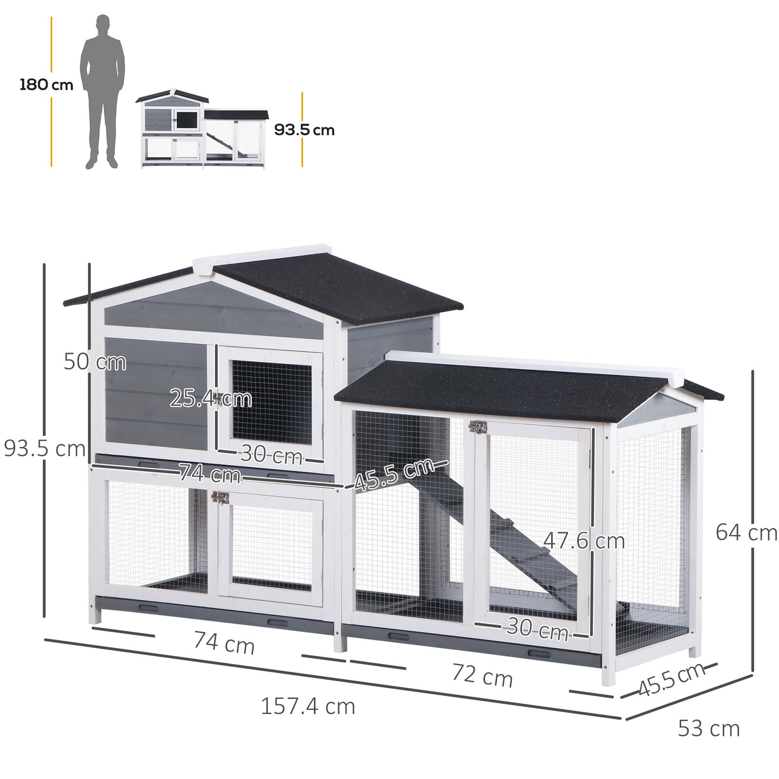 Wooden 2-Tier Rabbit Hutch w/ Tray Ramp Grey - Image 3