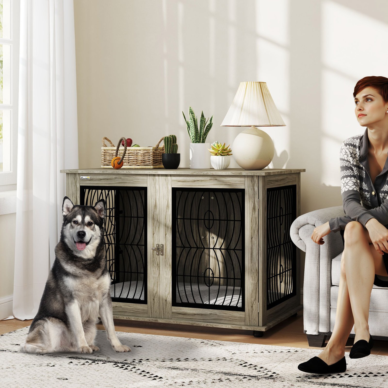46.46'' Dog Crate Furniture Table with Soft Washable Cushion and Lockable Door, for Large Indoor Dogs, Grey - Image 8