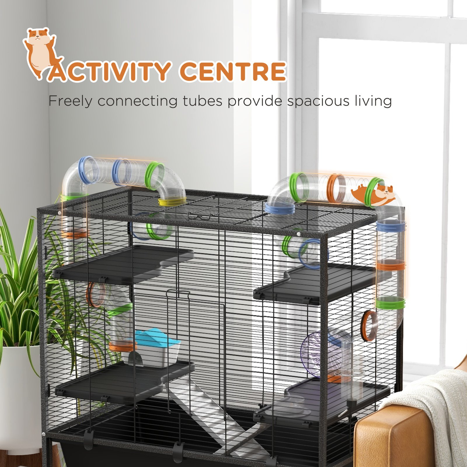 Large Hamster Cage, Gerbil Cage with Tubes, Storage Shelf, Ramps, Platforms, Running Wheel - Black - Image 4