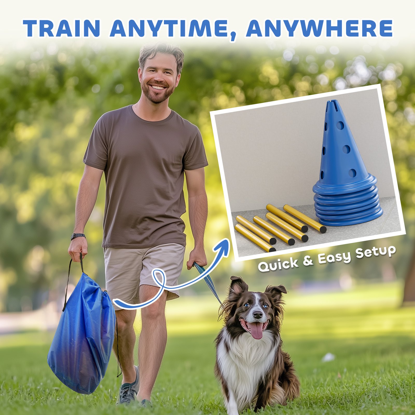 Dog Agility Equipment Set of Six Cones, Six Poles with Carry Bag, Three-Piece Adjustable Height Jumping Obstacles, Blue - Image 7