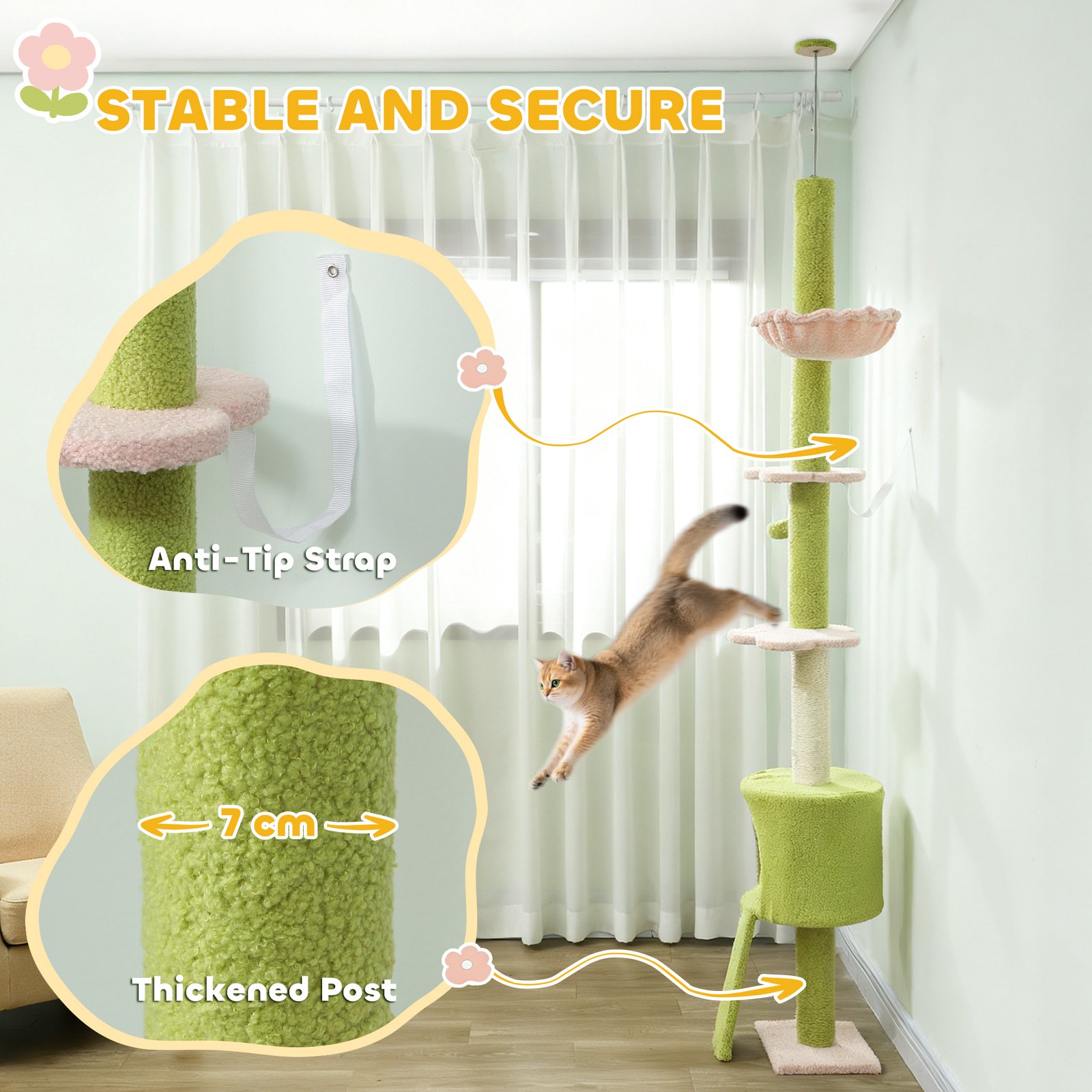 220-240 cm Floor to Ceiling Cat Tree Adjustable Height with Hammock, Condo, Scratching Posts, Green - Image 7