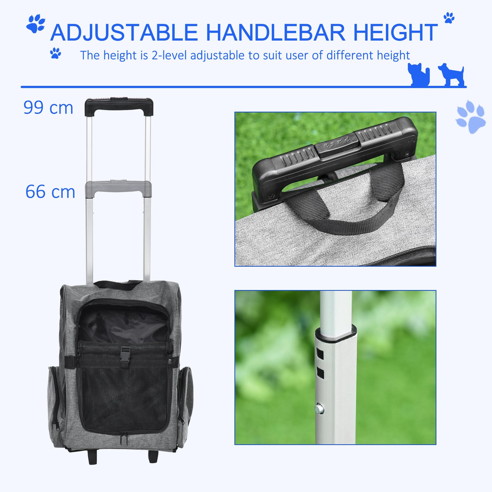 2 in 1 Dog Backpack and Trolley, Pet Travel Backpack Cat Dog Carrier with Telescopic Handle, Portable Pet Stroller Wheel Luggage Bag (Grey)