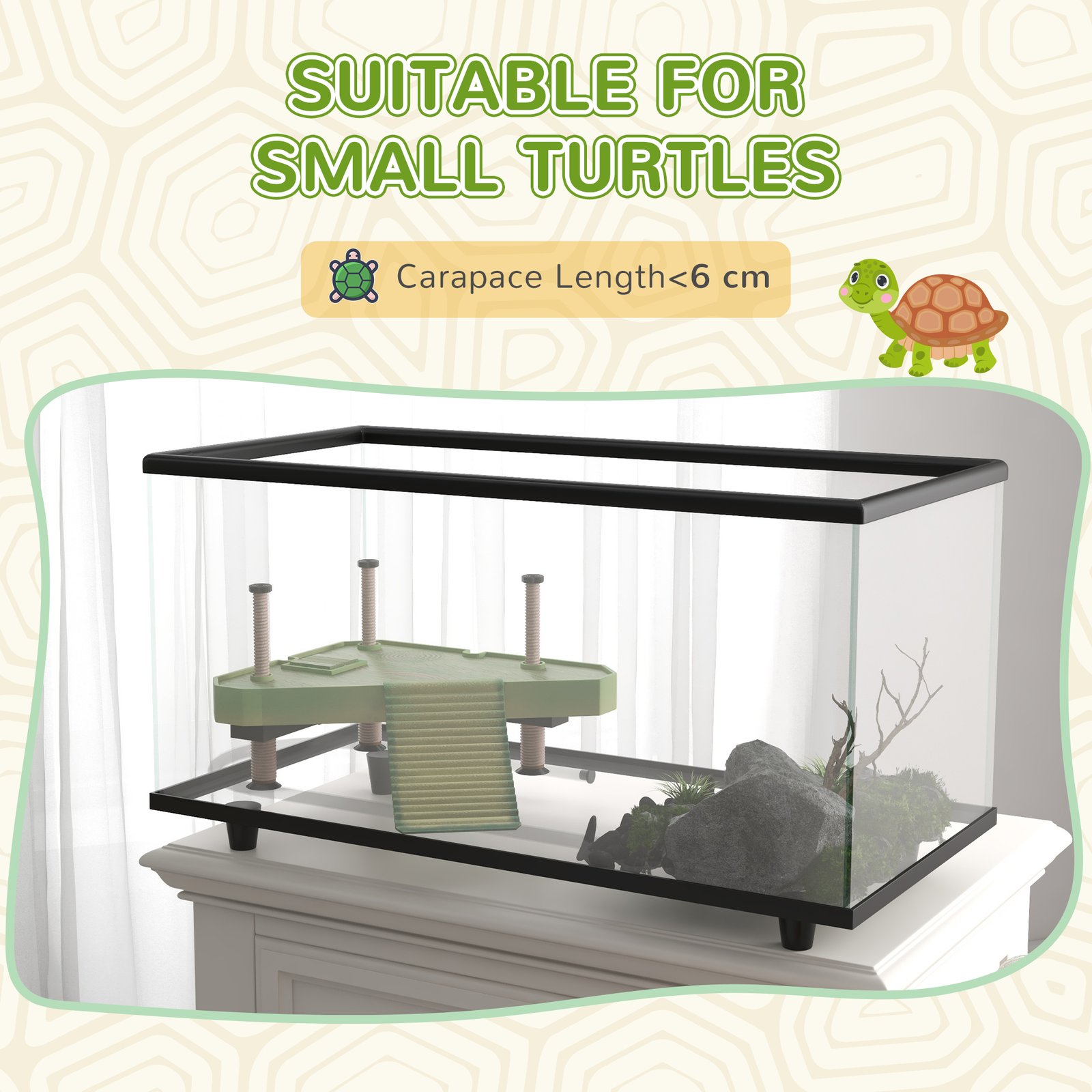 50L Glass Turtle Tank Aquarium with Basking Platform, Easy Drainage, Strip Patch Thermometer