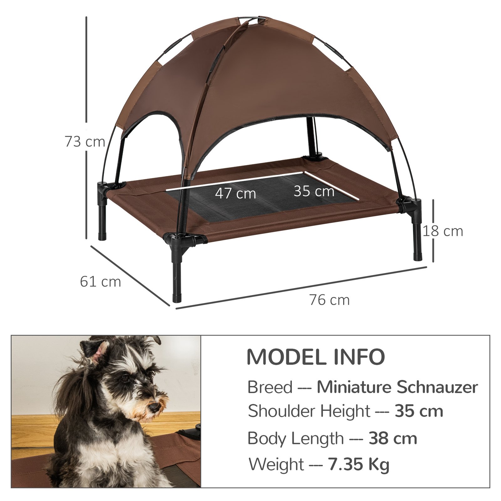 Outdoor Dog Bed with Removable Canopy, Portable Raised Dog Bed for Camping, Garden & Beach, Water-Resistant UV-Protection Mesh Pet Cot Sun Lounger, for Medium Pets, 76 x 61 x 73 cm, Brown - Image 3