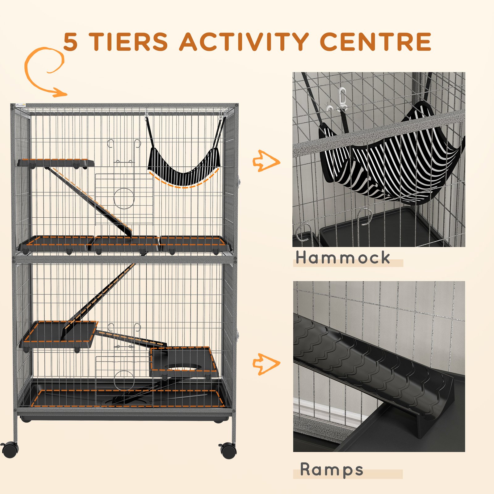 Small Animal Cage for Chinchilla Ferret Kitten on Wheels with Hammock Removable Tray, Grey - Image 6