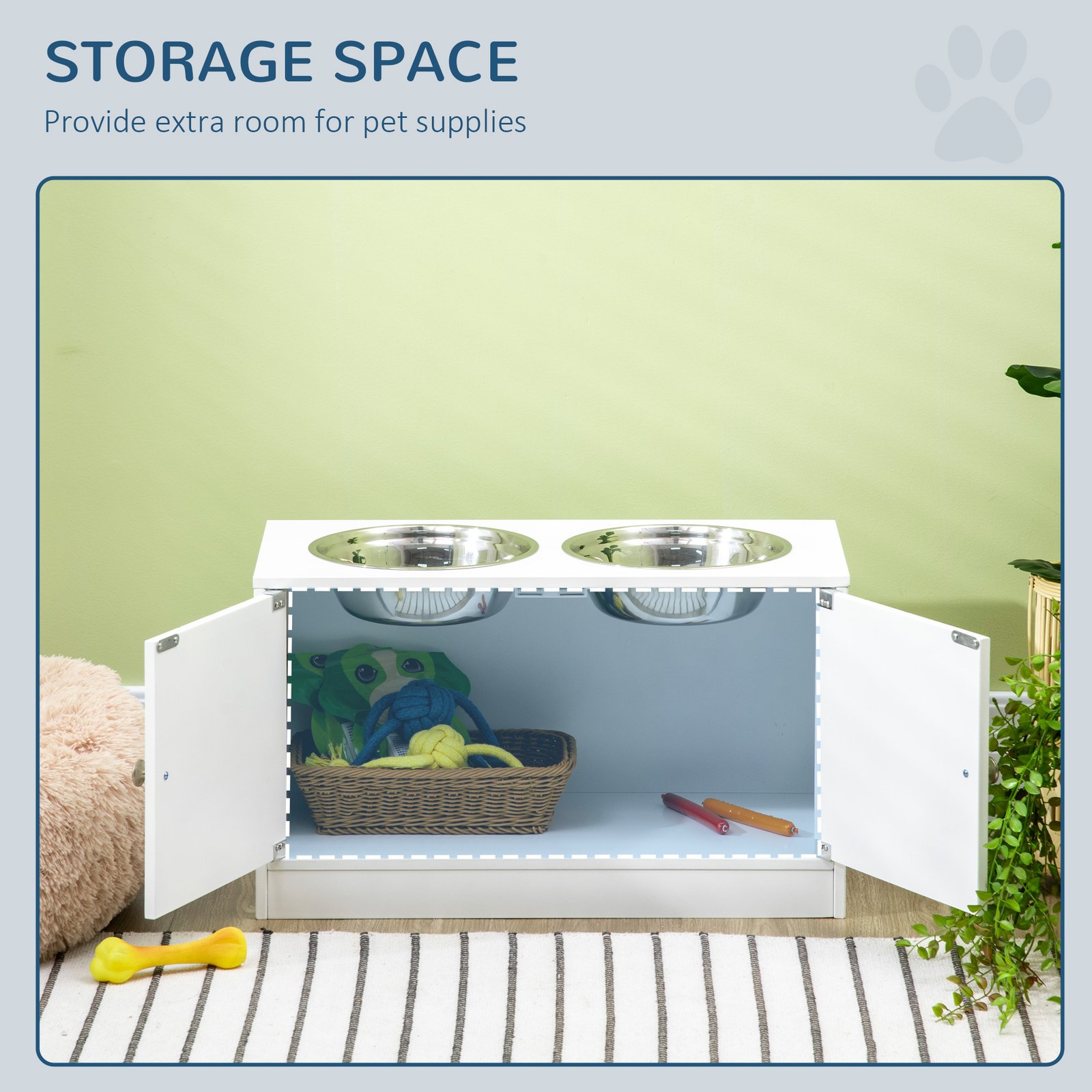 Raised Pet Feeder, with Two Bowls, Storage - White - Image 4