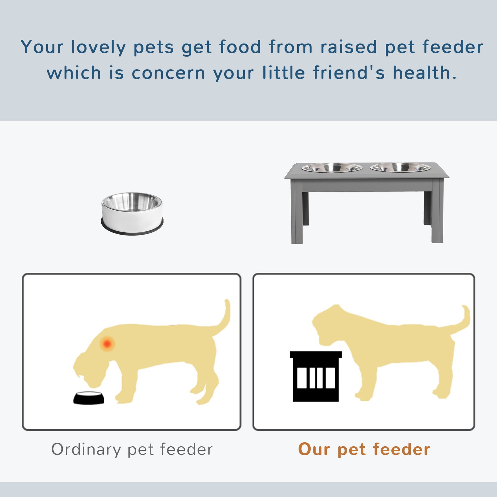 Raised Dog Feeding Bowls with Stand, Stainless Steel for Medium Dog, 58L x 31W x 25H cm - Grey